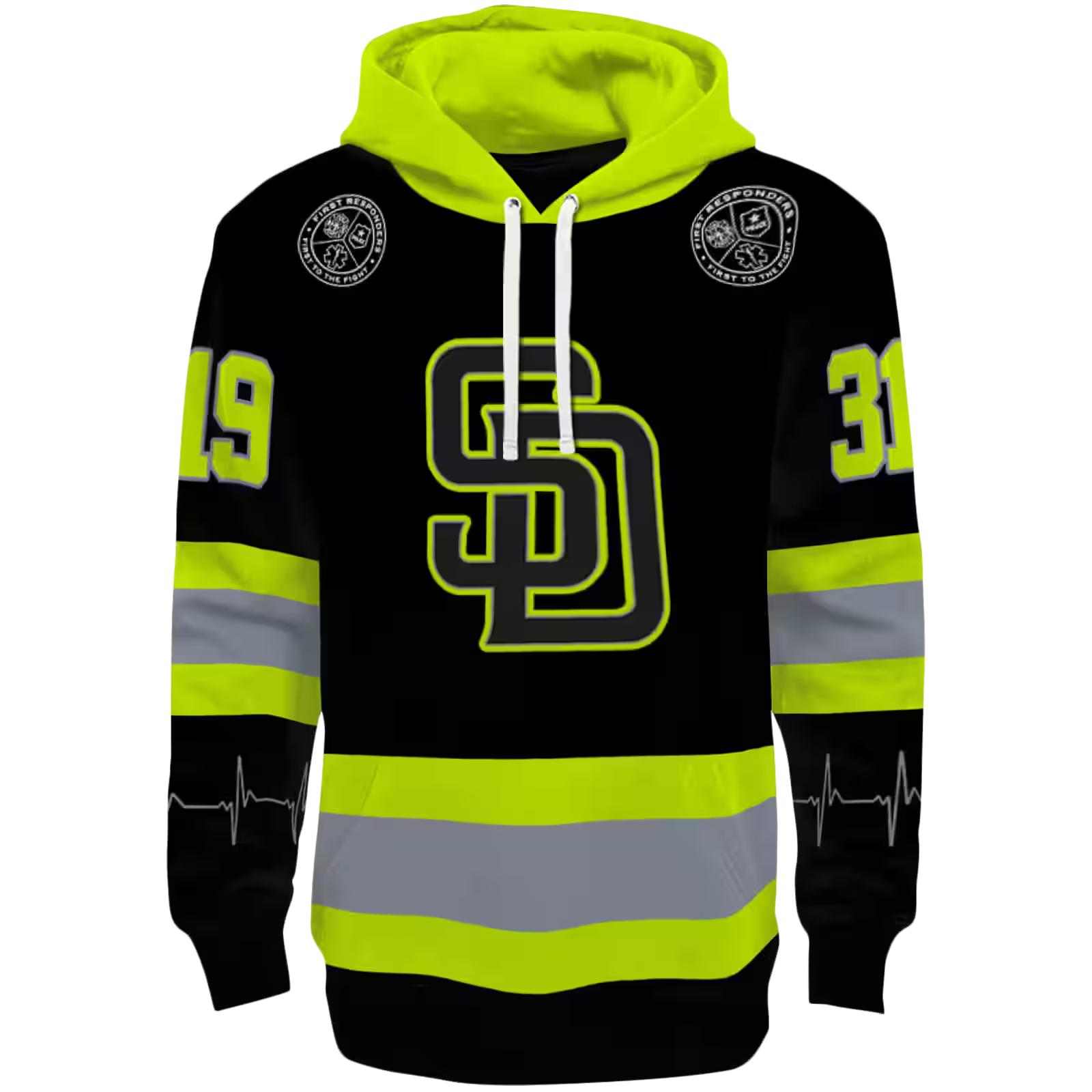 Personalized San Diego Padres Safety Motif Black Neon Green Hoodie