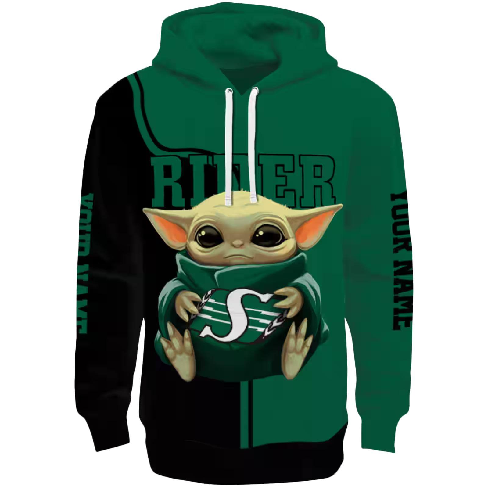 Personalized Saskatchewan Roughriders Baby Yoda Green Black Hoodie