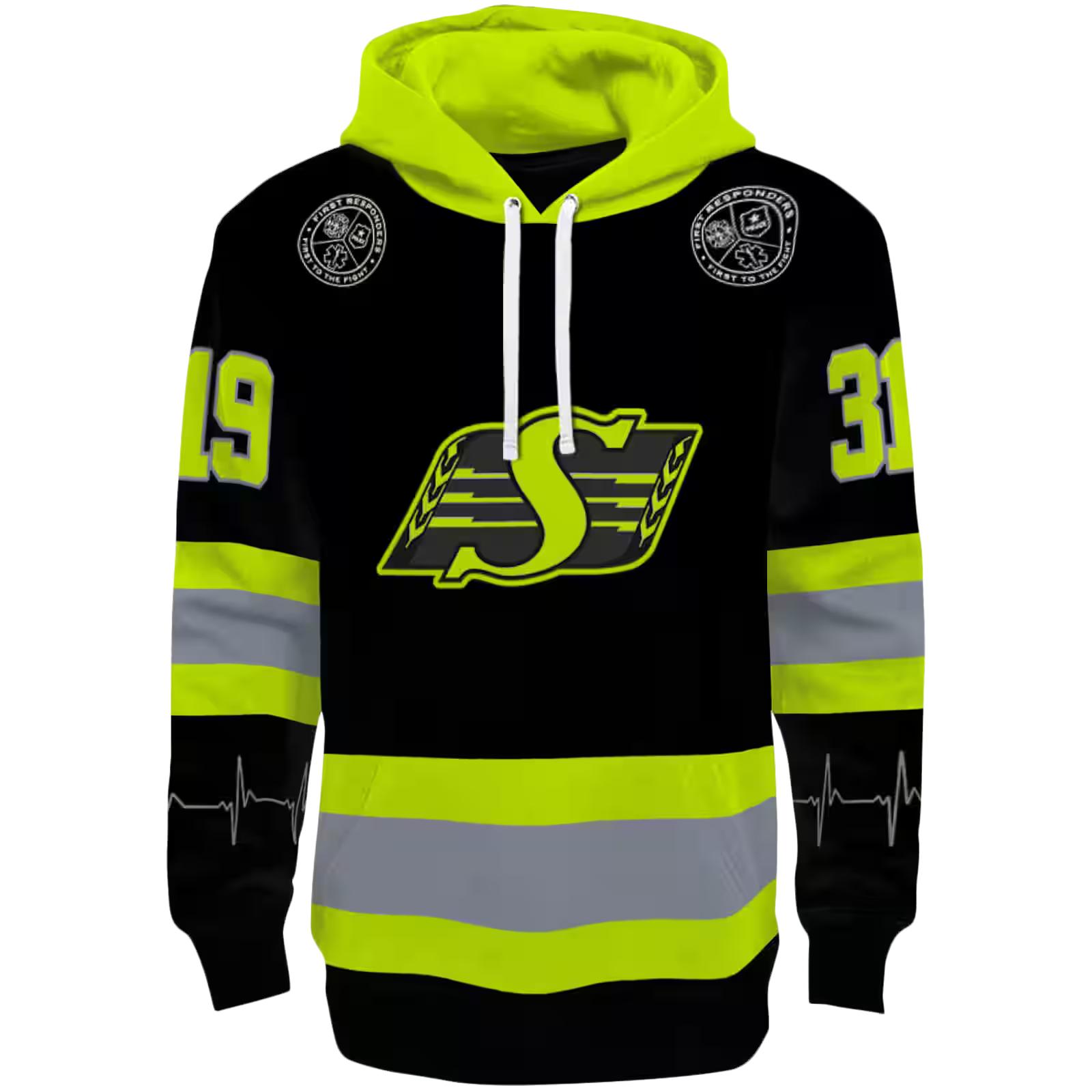 Personalized Saskatchewan Roughriders Safety Motif Black Neon Green Hoodie