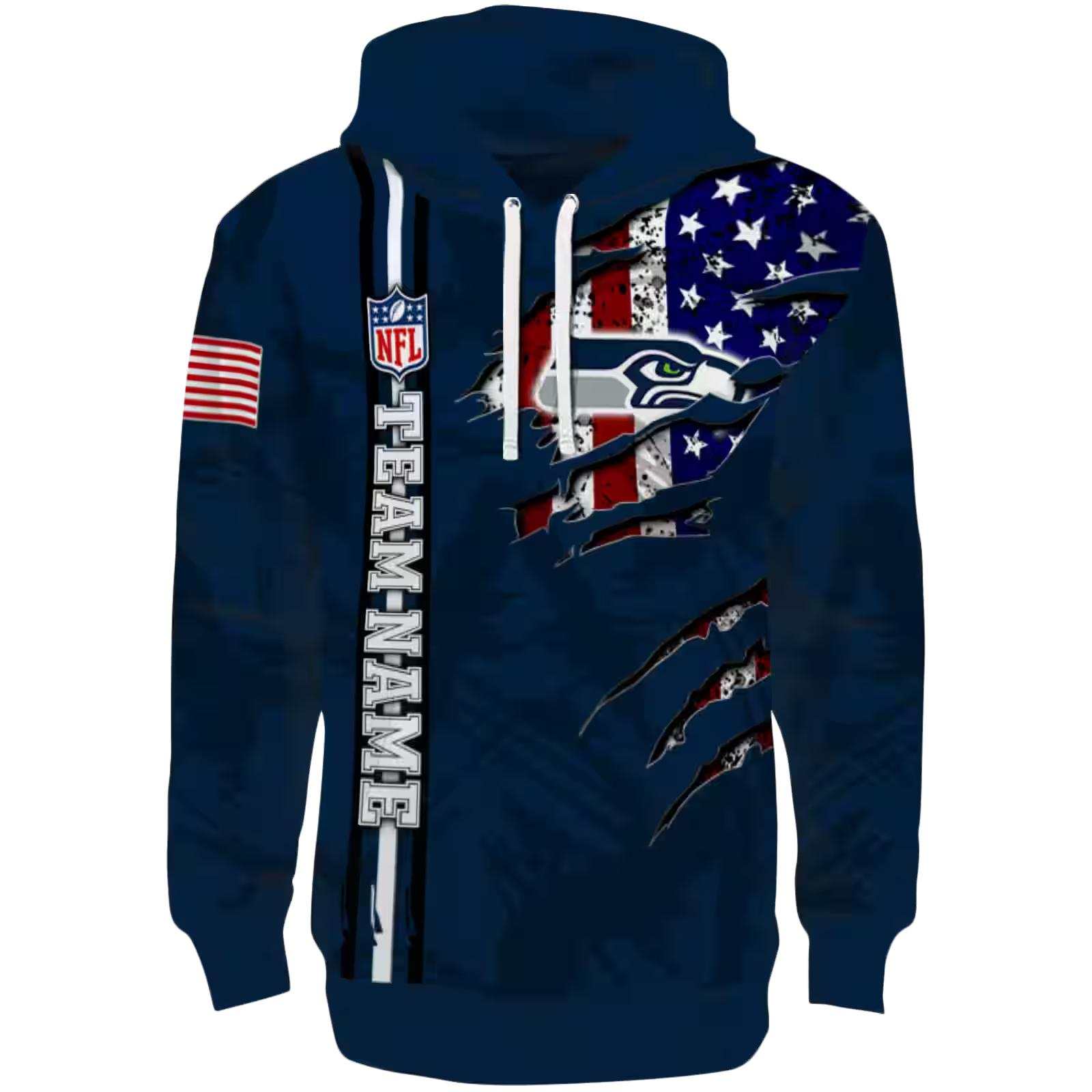 Personalized Seattle Seahawks Ripped Flag Blue Hoodie