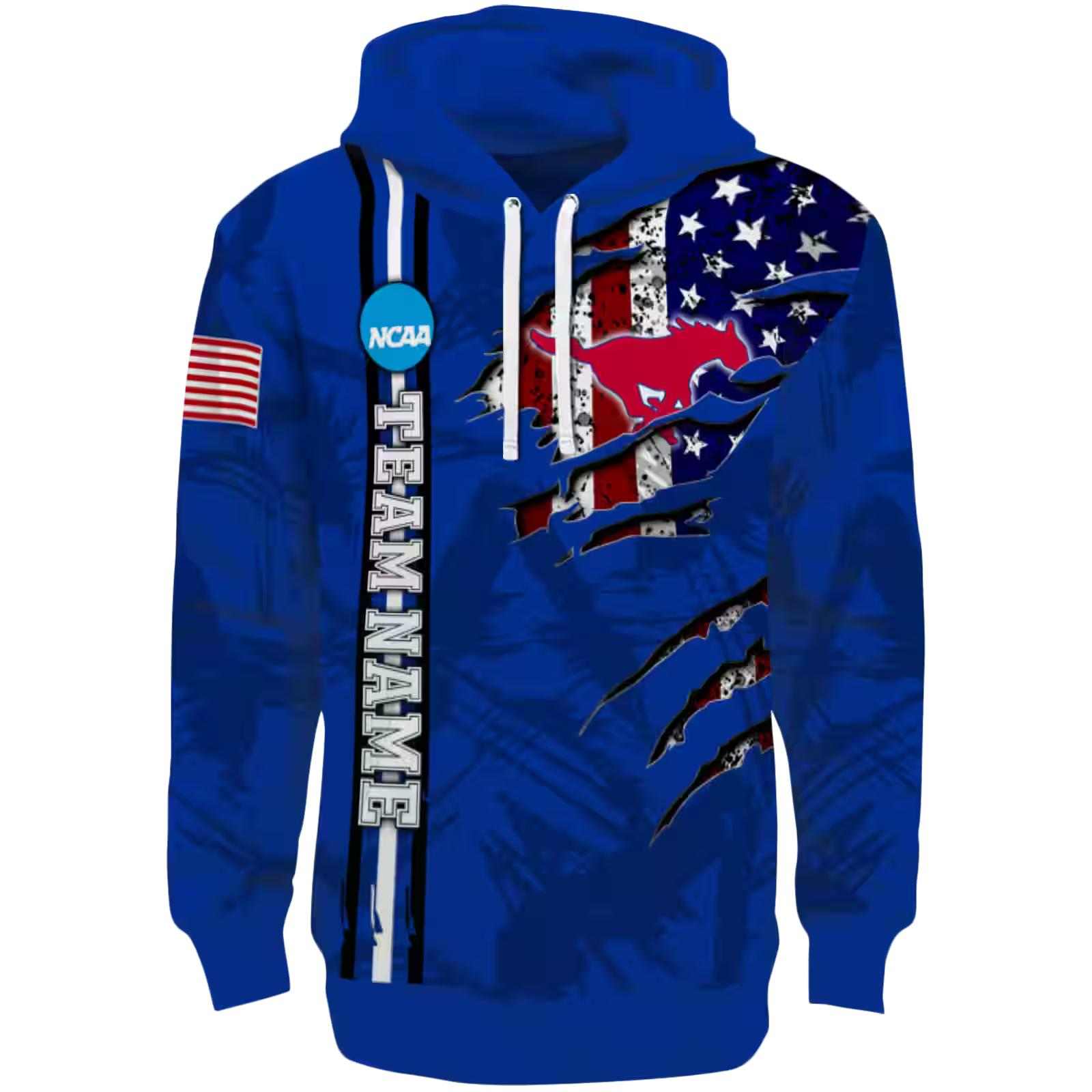 Personalized SMU Mustangs Ripped Flag Blue Hoodie