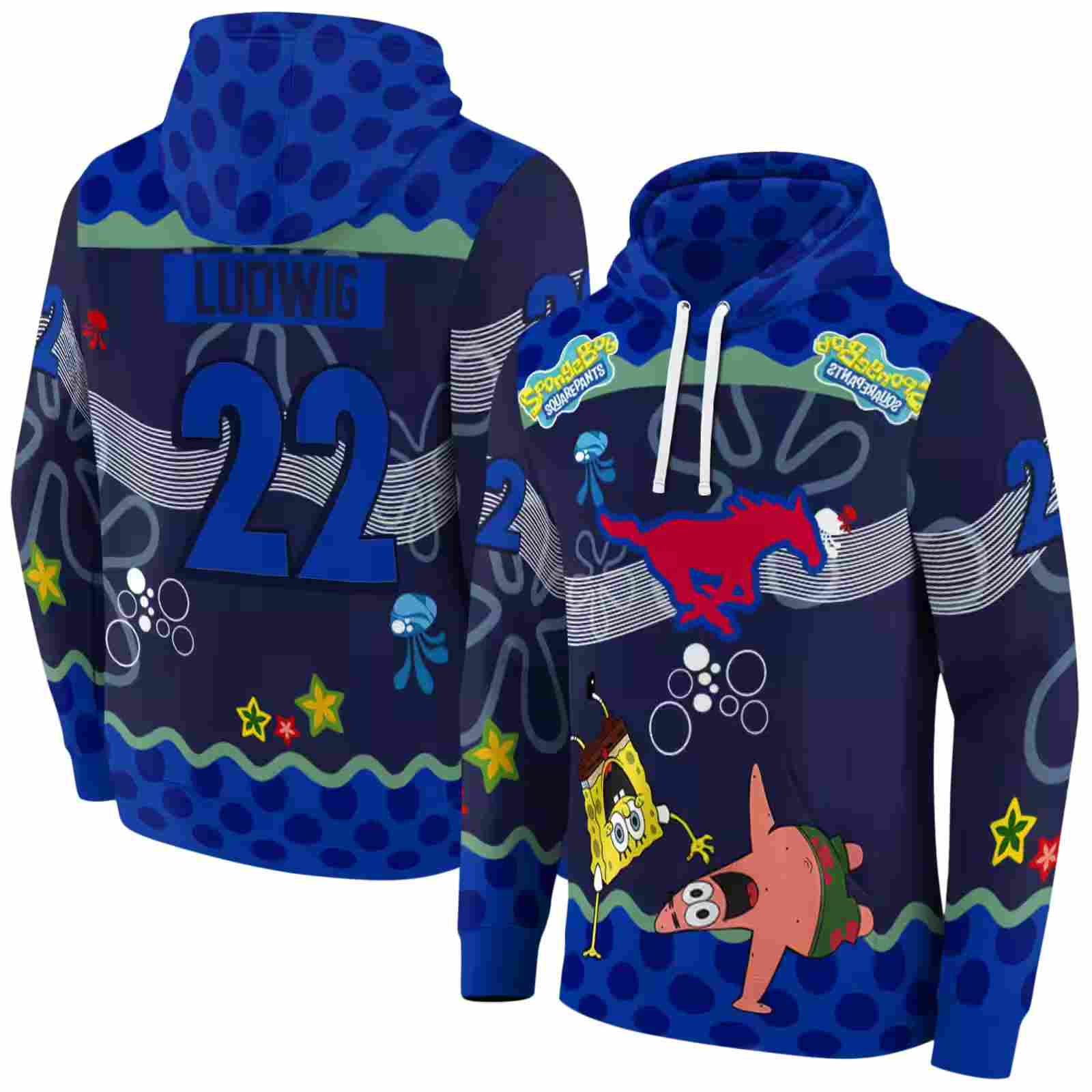 personalized smu mustangs spongebob patrick star blue navy hoodie fashion forward