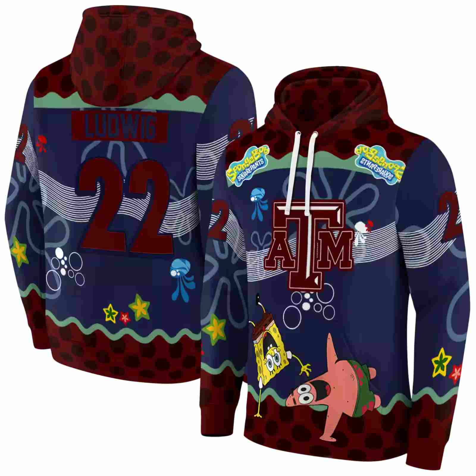 personalized texas am aggies spongebob patrick star maroon navy hoodie fashion forward