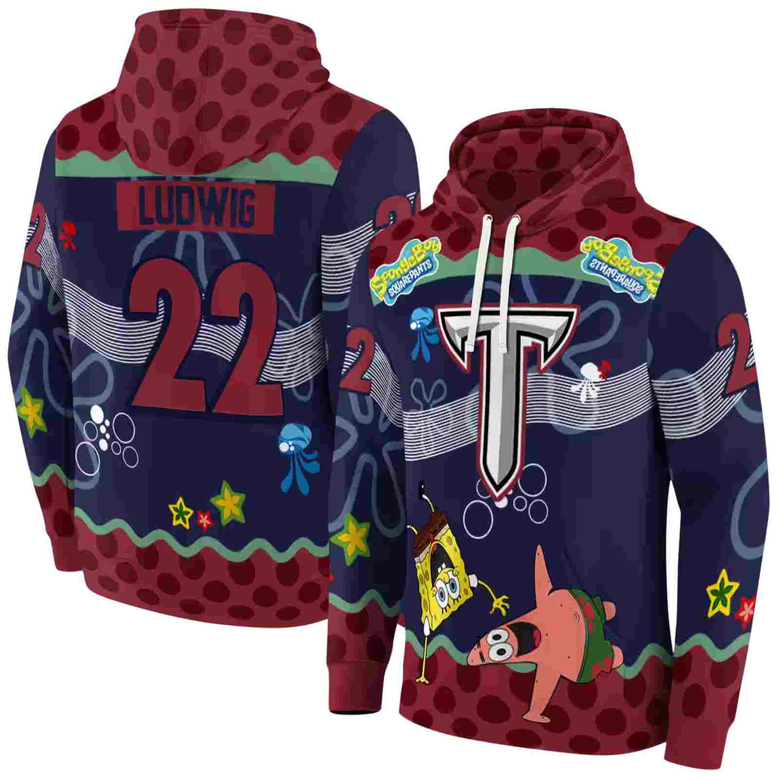 personalized troy trojans spongebob patrick star red navy hoodie fashion forward