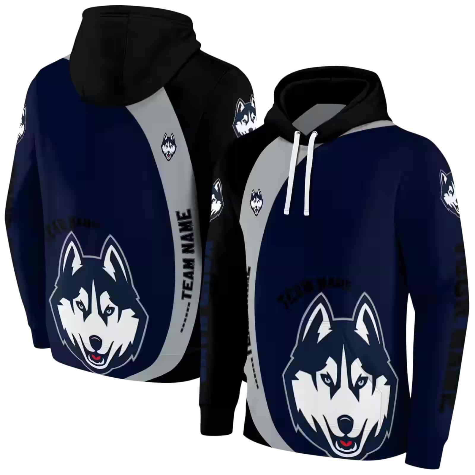 personalized uconn huskies minimalist design blue black hoodie fashion forward