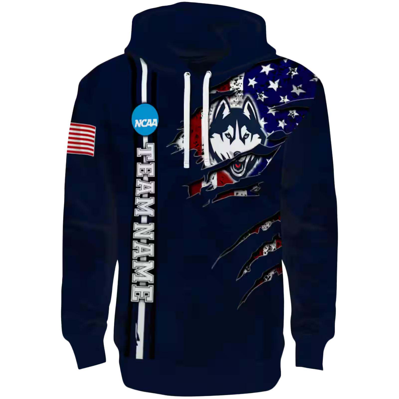 Personalized UConn Huskies Ripped Flag Blue Hoodie