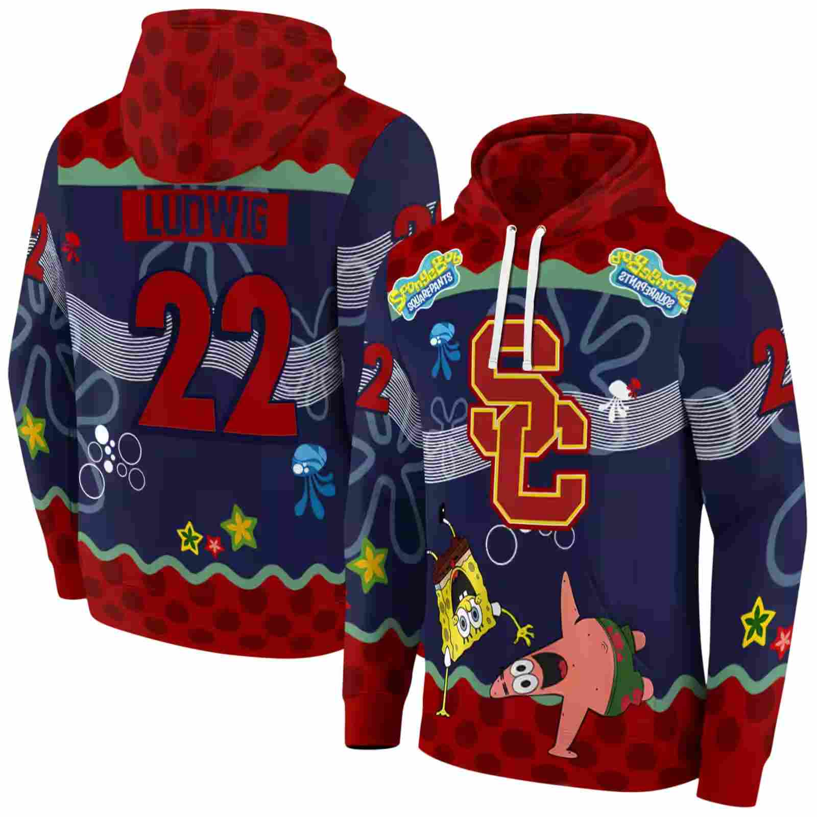 personalized usc trojans spongebob patrick star red navy hoodie fashion forward