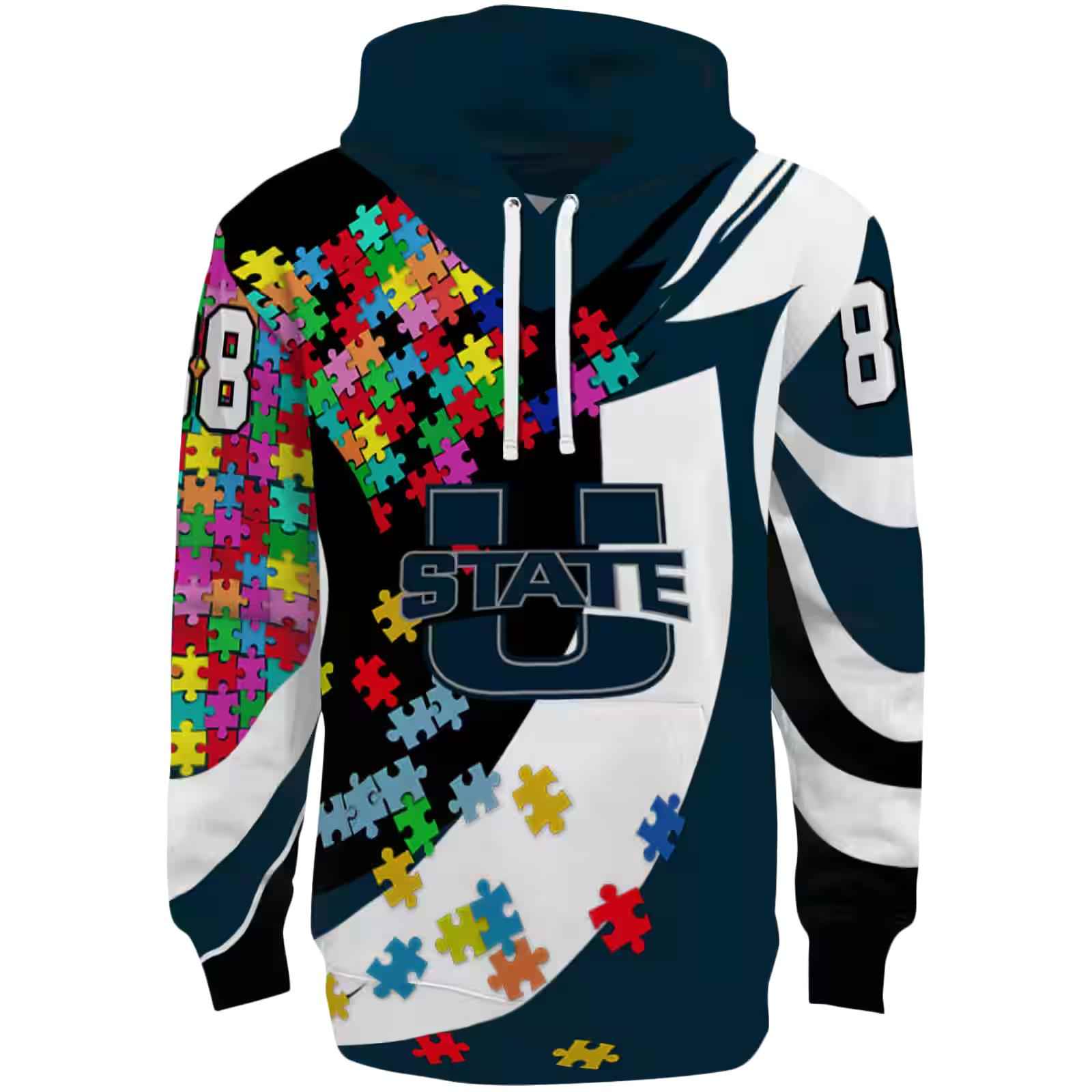 Personalized Utah State Aggies Puzzle Pieces Navy Hoodie