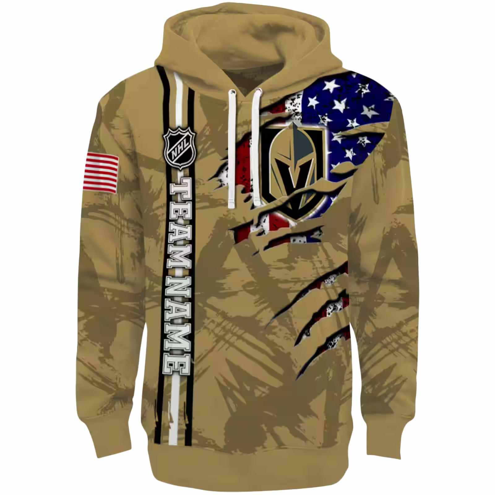 Personalized Vegas Golden Knights Ripped Flag Tan Hoodie