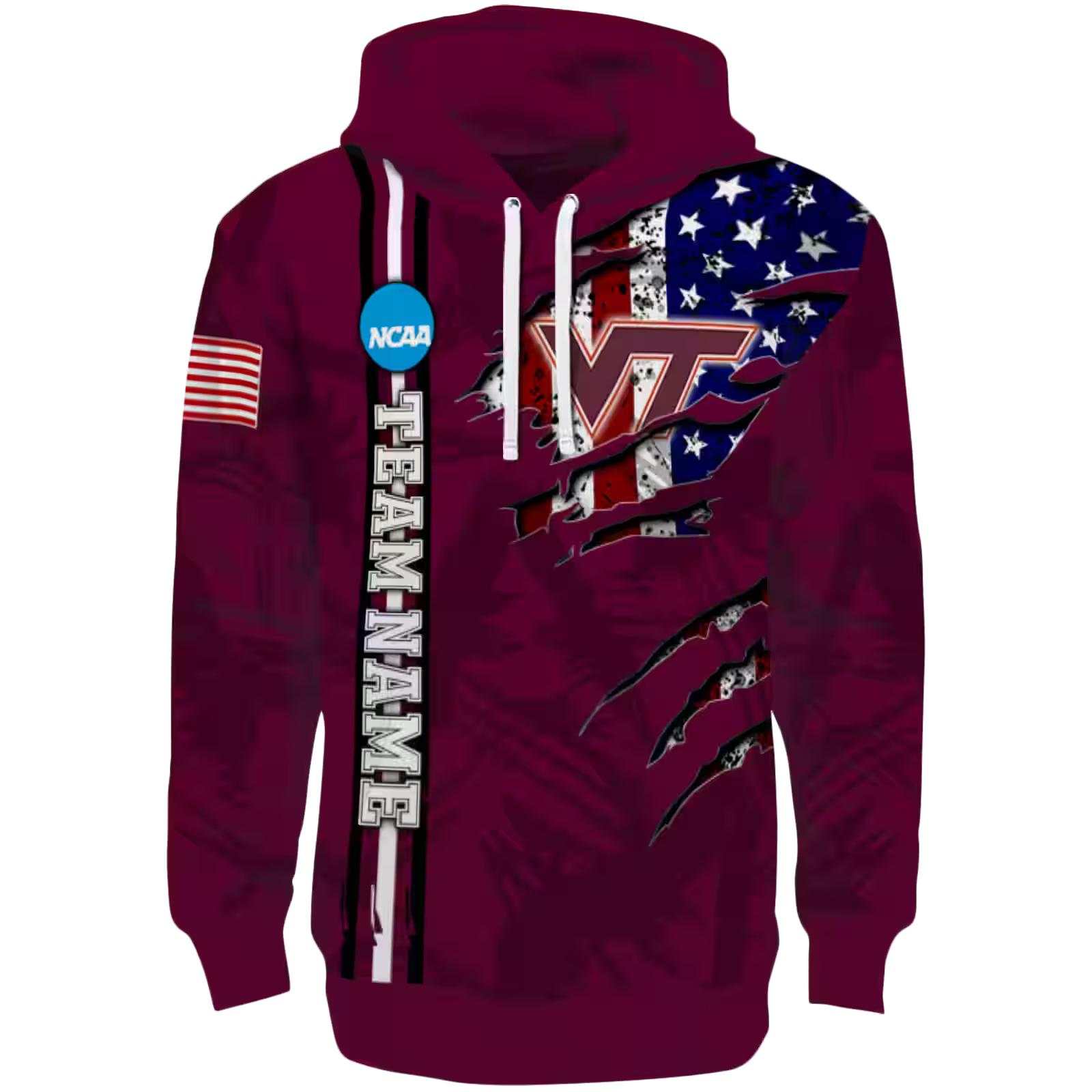Personalized Virginia Tech Hokies Ripped Flag Maroon Hoodie