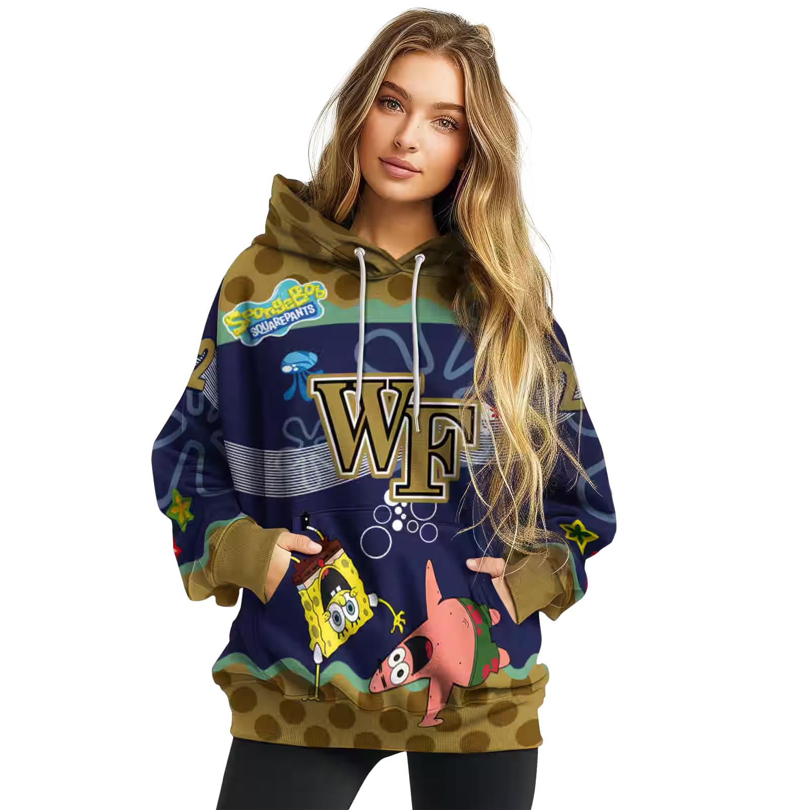 personalized wake forest demon deacons spongebob patrick star gold navy hoodie high quality