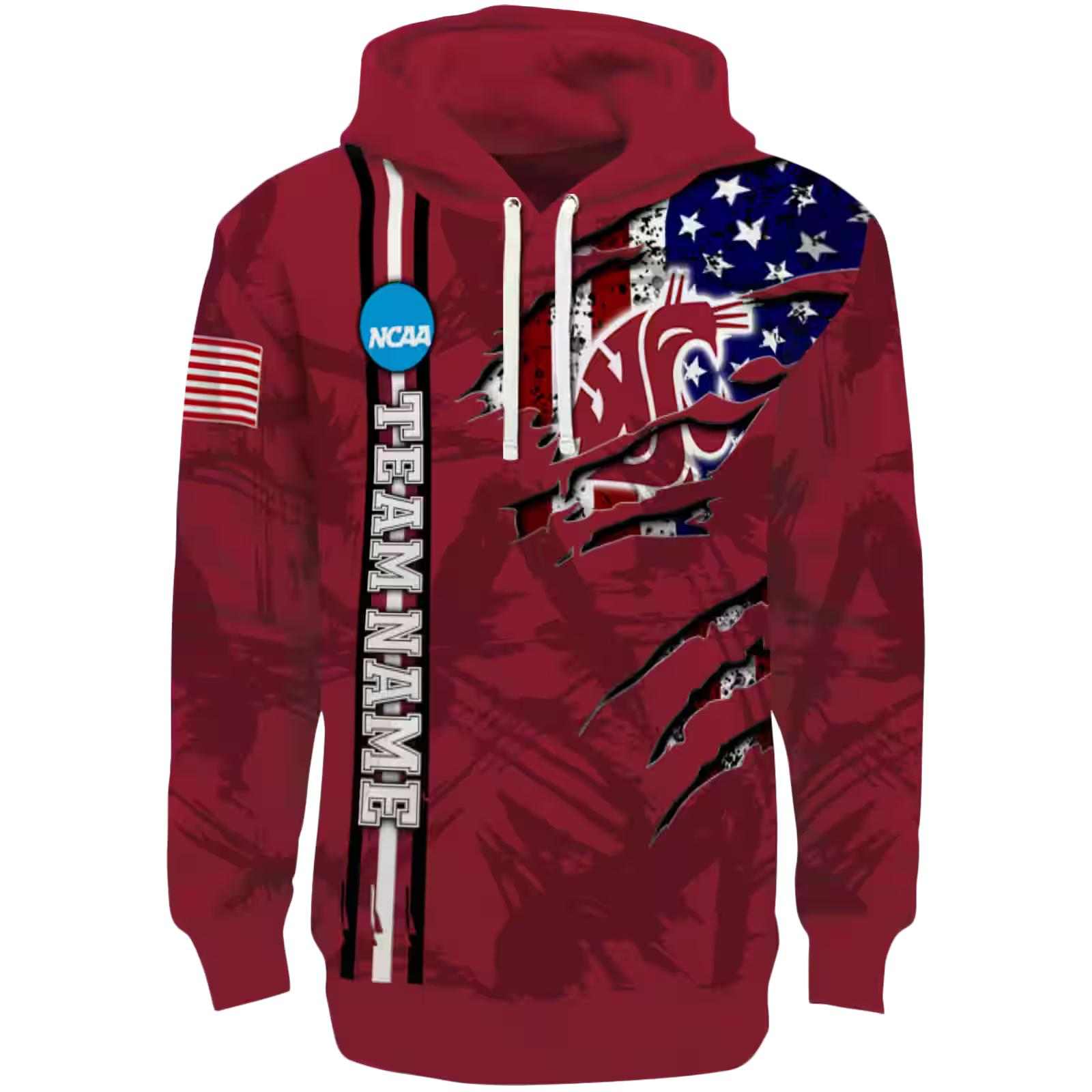 Personalized Washington State Cougars Ripped Flag Crimson Hoodie