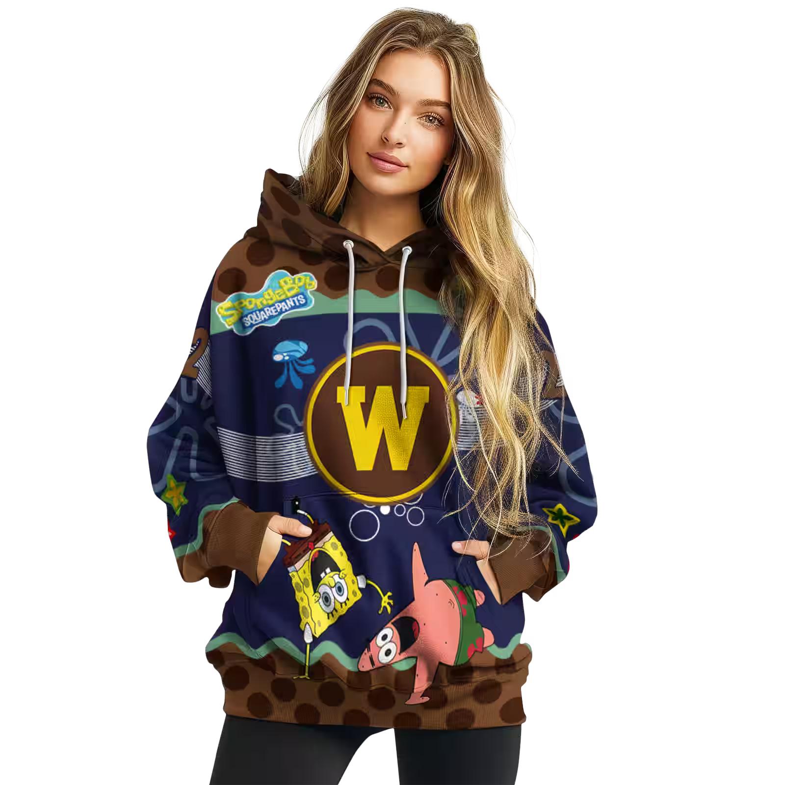 personalized western michigan broncos spongebob patrick star brown navy hoodie high quality