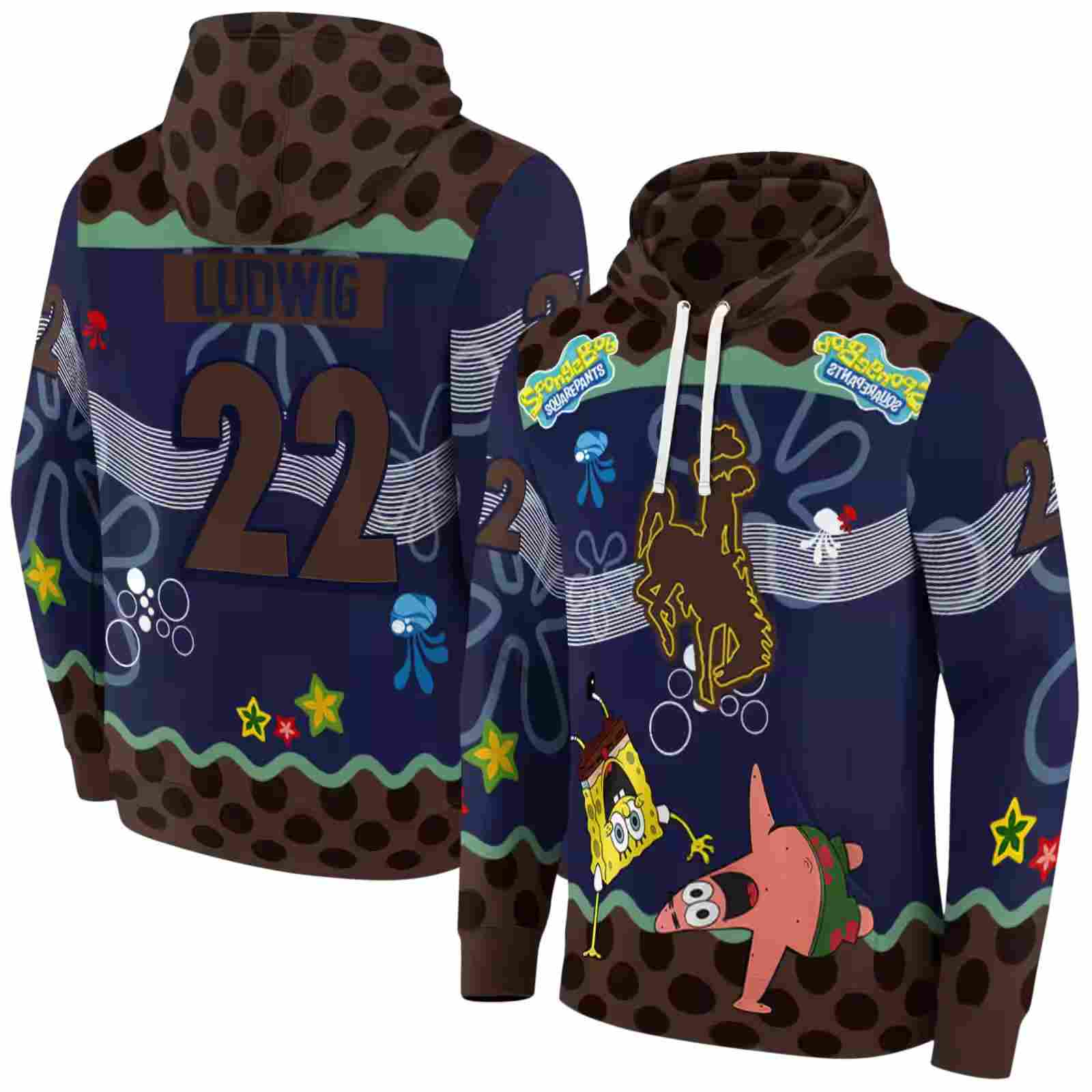 personalized wyoming cowboys spongebob patrick star brown navy hoodie fashion forward