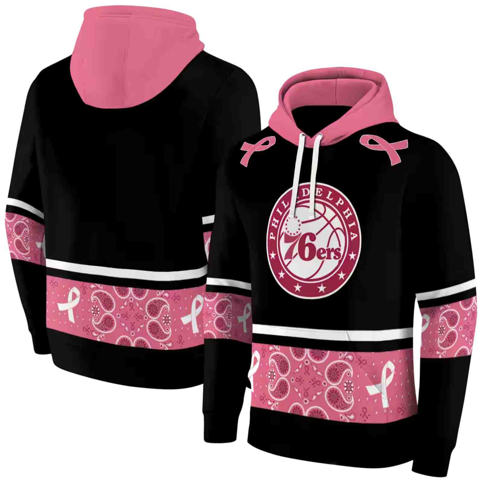 philadelphia 76ers awareness ribbon black pink hoodie fashion forward