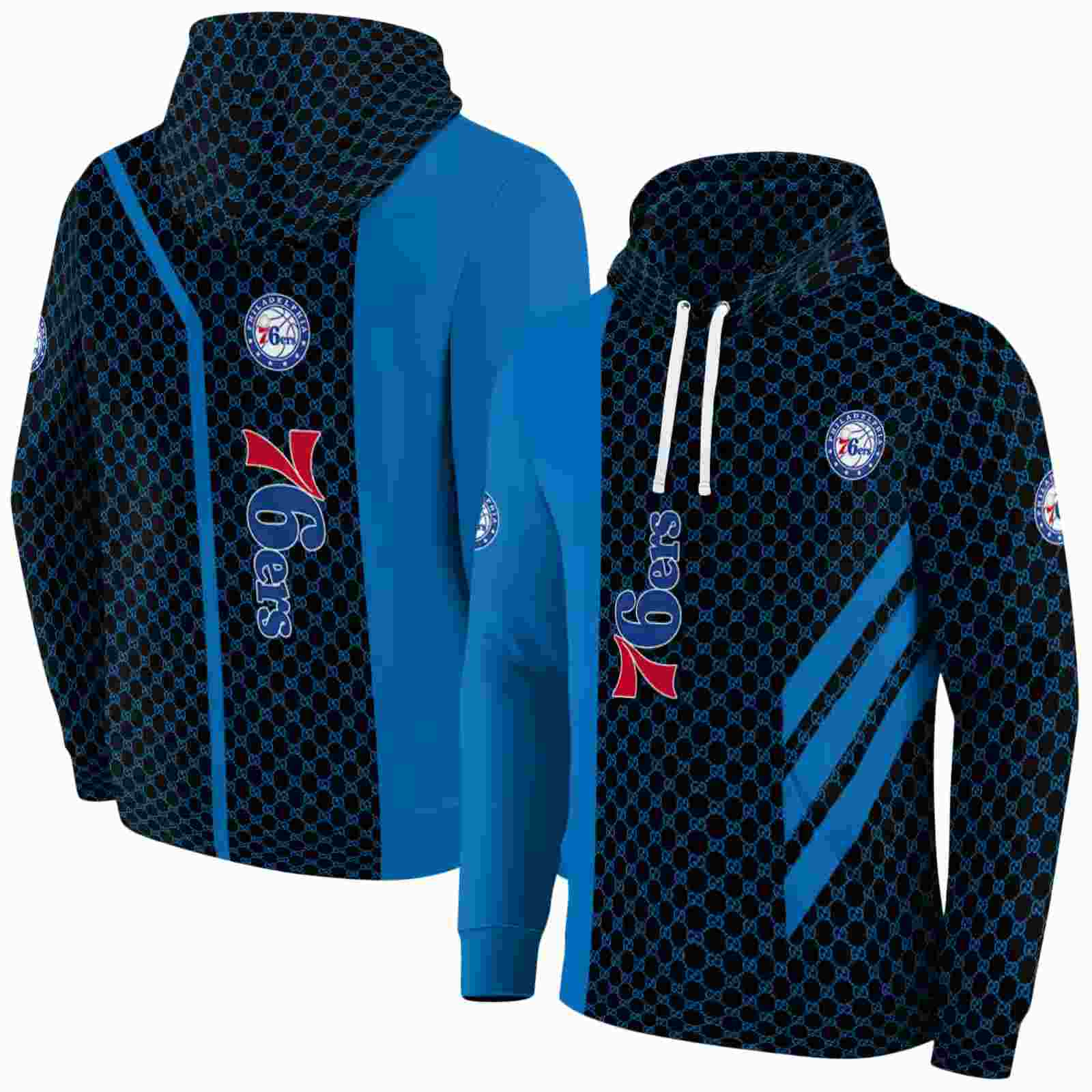 philadelphia 76ers monogram pattern blue hoodie fashion forward