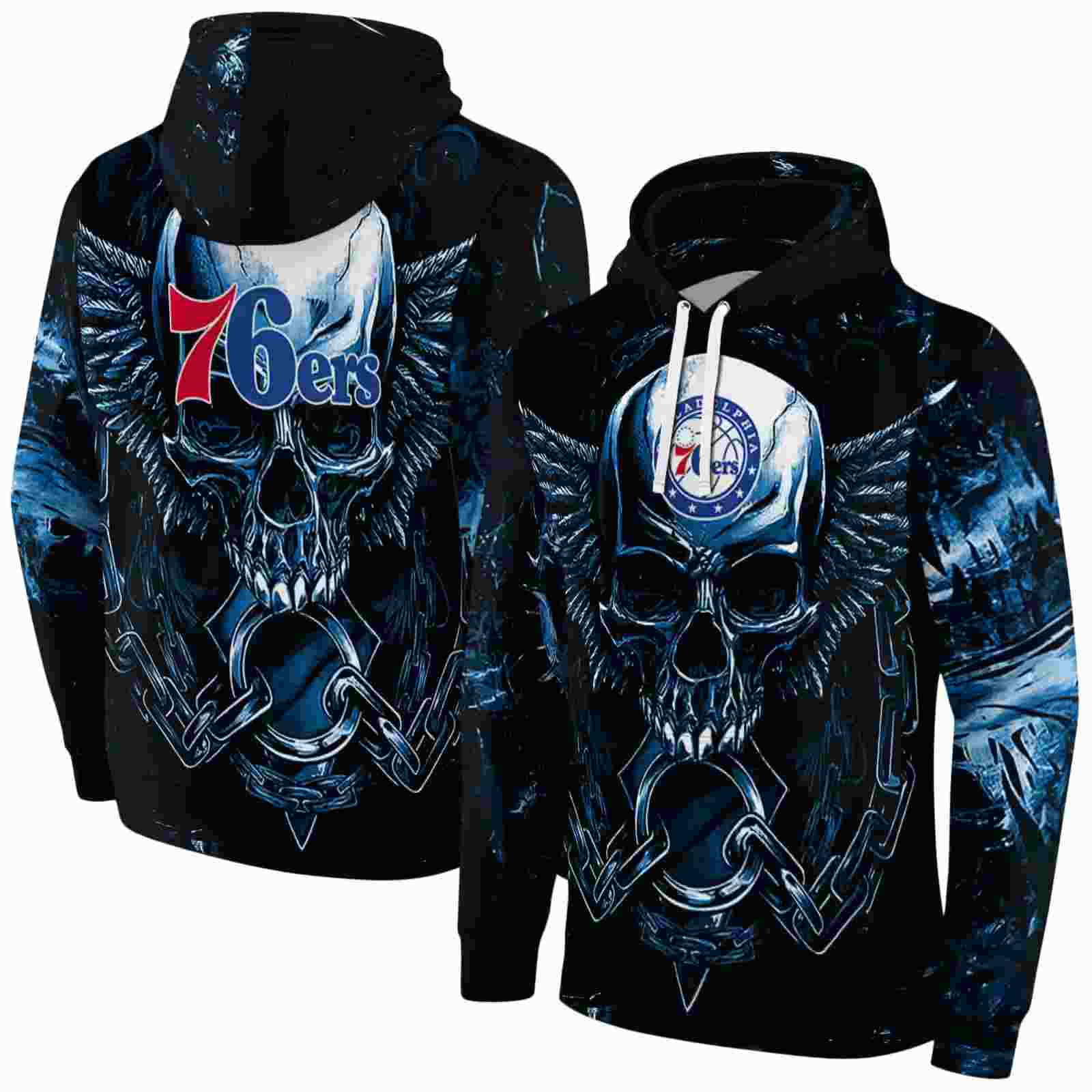 philadelphia 76ers skull artwork blue black hoodie fashion forward