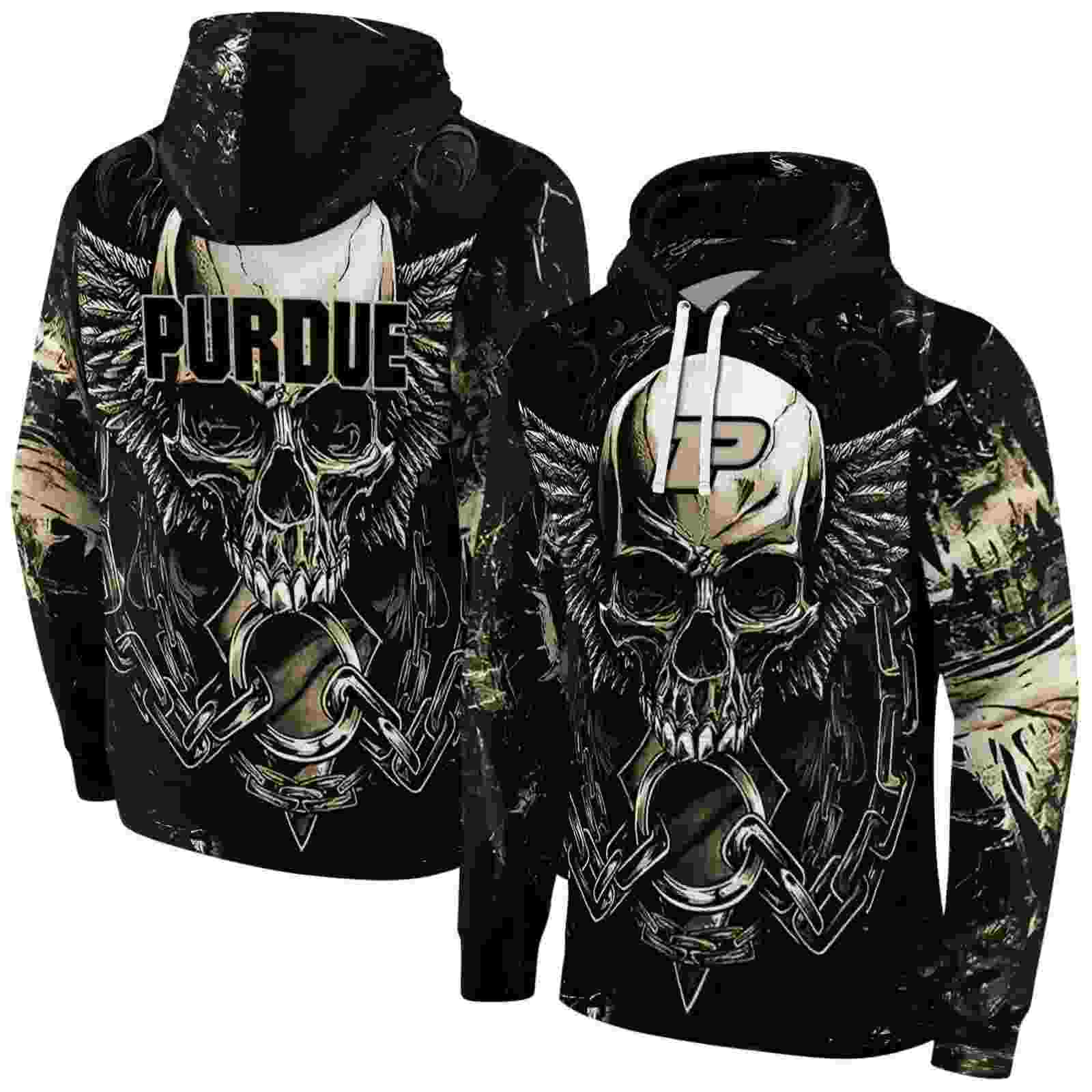 purdue boilermakers skull artwork gold black hoodie fashion forward