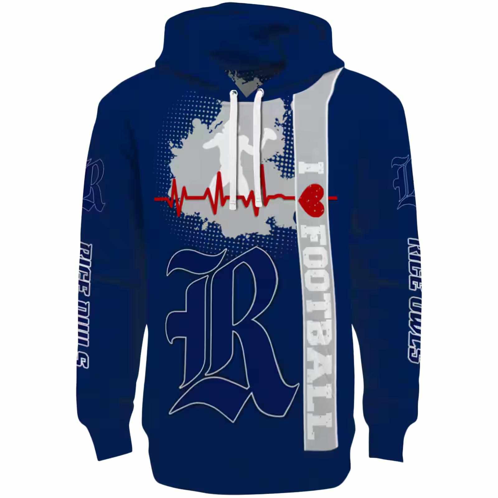 Rice Owls Football Heartbeat Navy Blue Hoodie