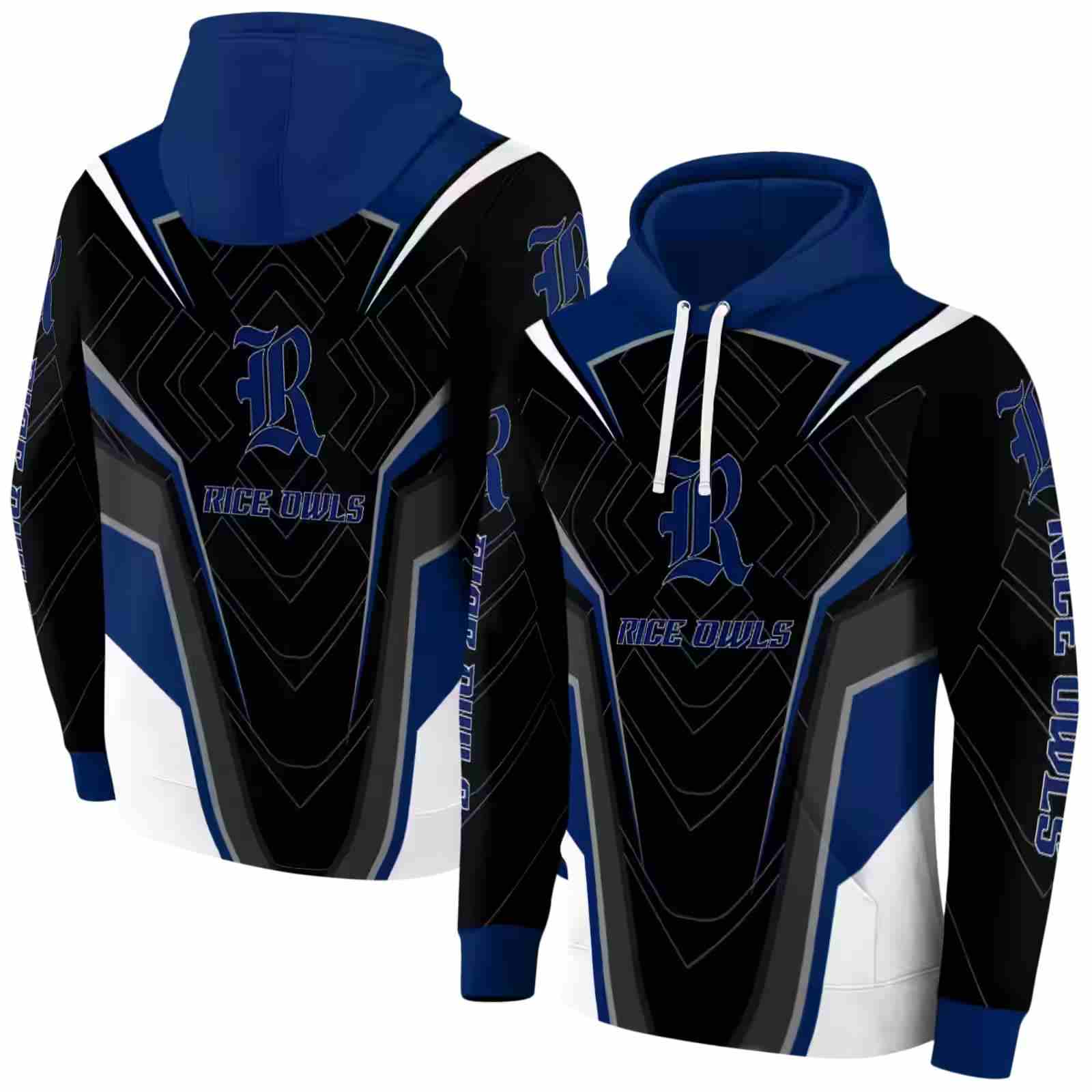 rice owls futuristic pattern navy blue black hoodie fashion forward