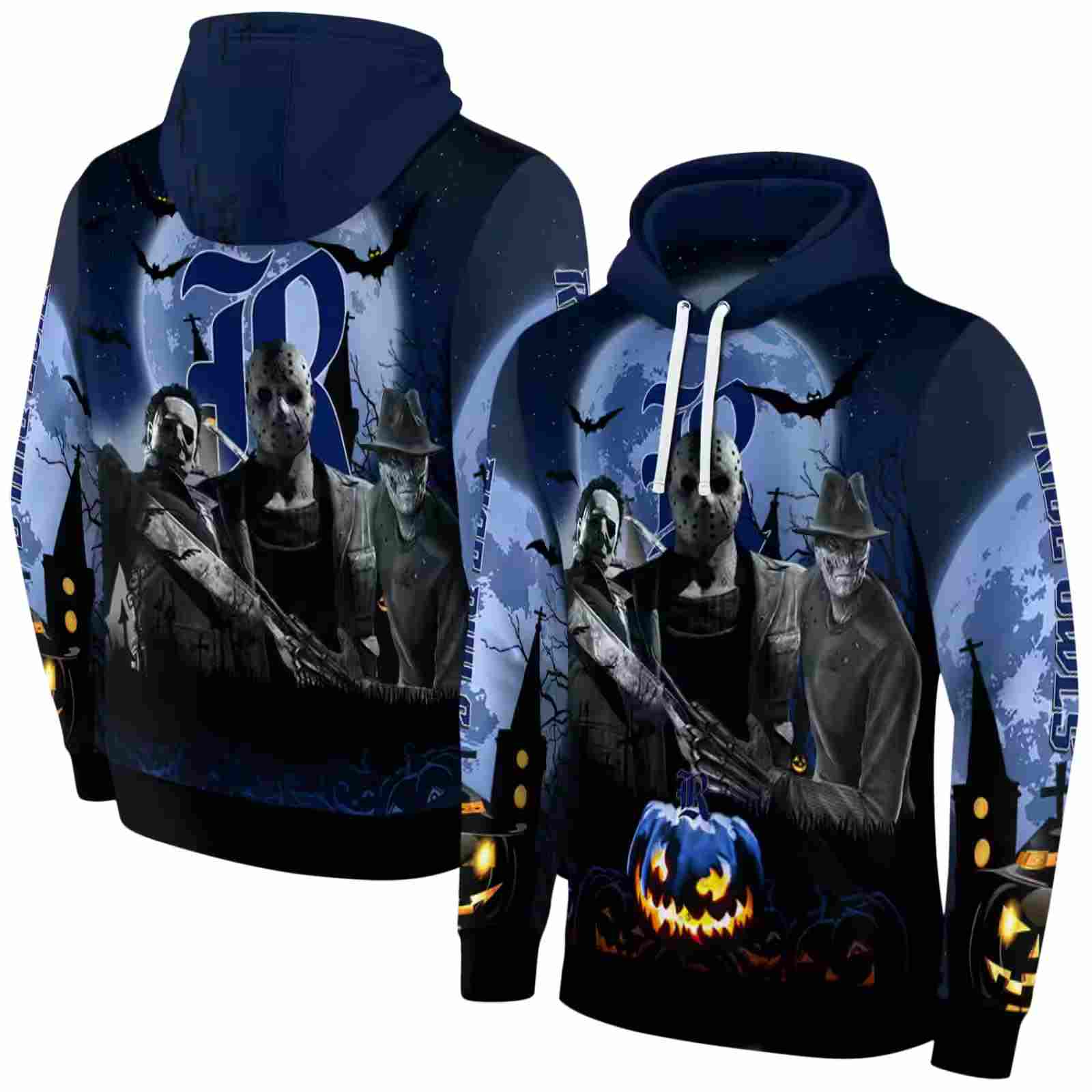 rice owls halloween vibes navy blue black hoodie fashion forward