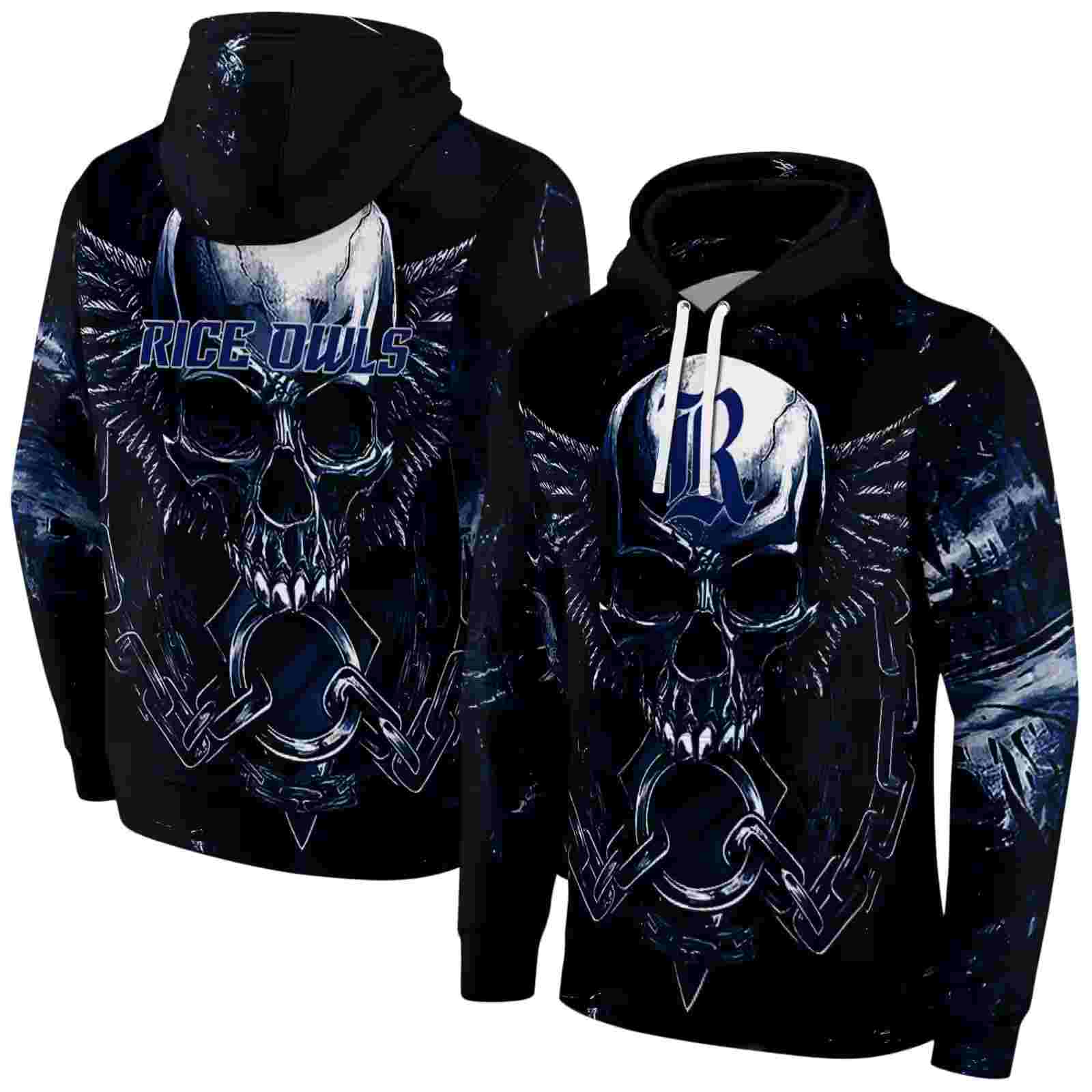 rice owls skull artwork navy blue black hoodie fashion forward