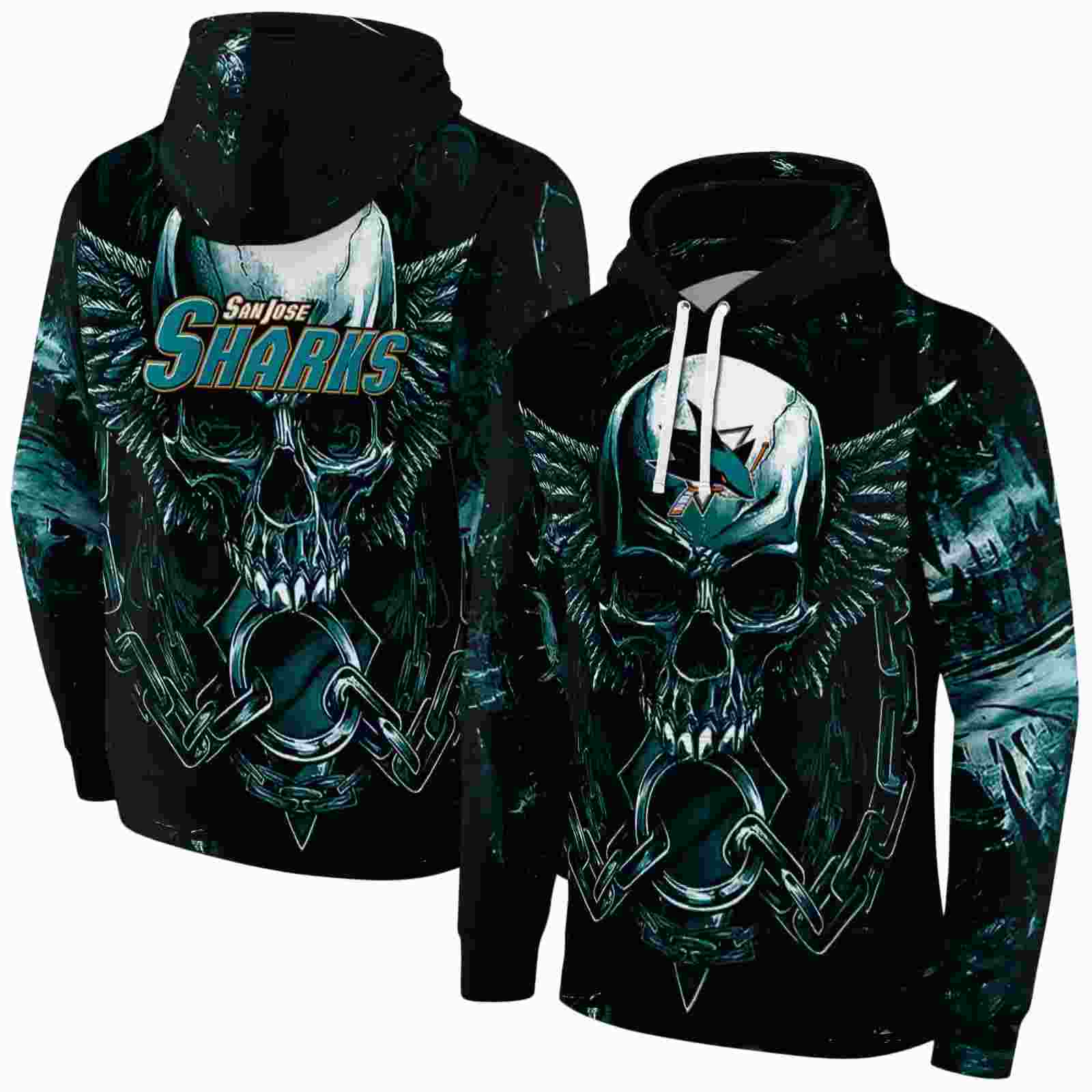 san jose sharks skull artwork teal black hoodie fashion forward