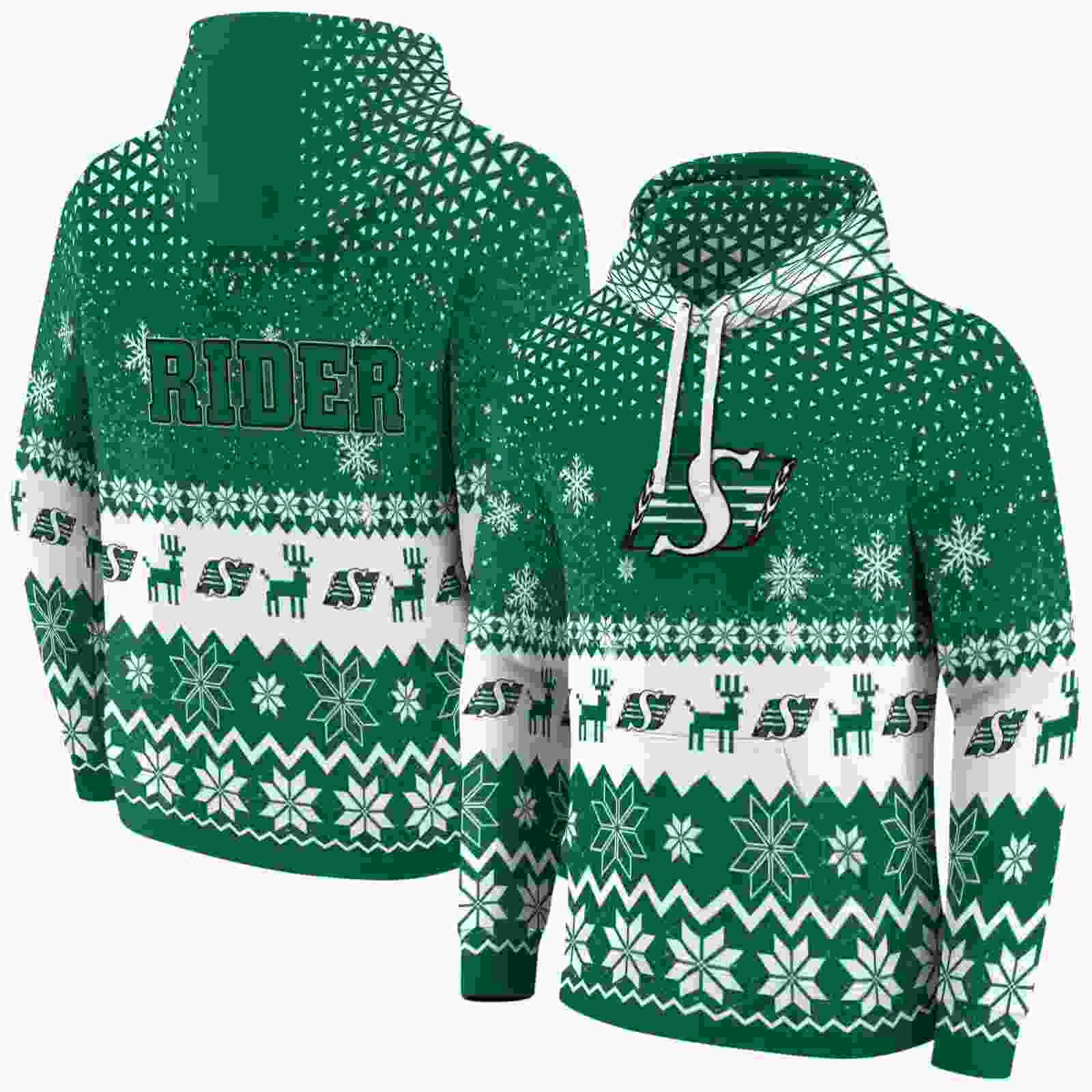 saskatchewan roughriders reindeer motif green hoodie fashion forward