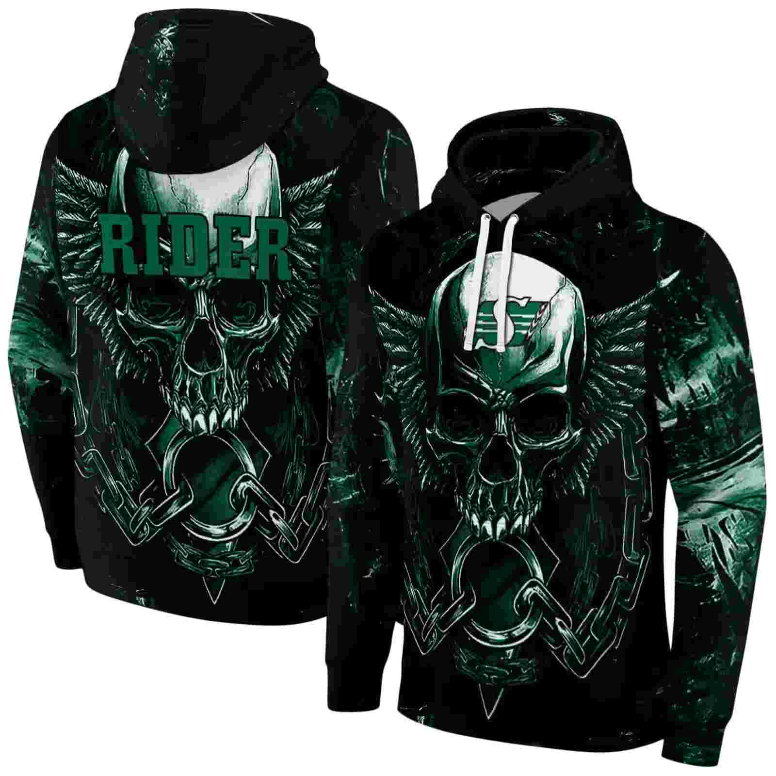 saskatchewan roughriders skull artwork green black hoodie fashion forward