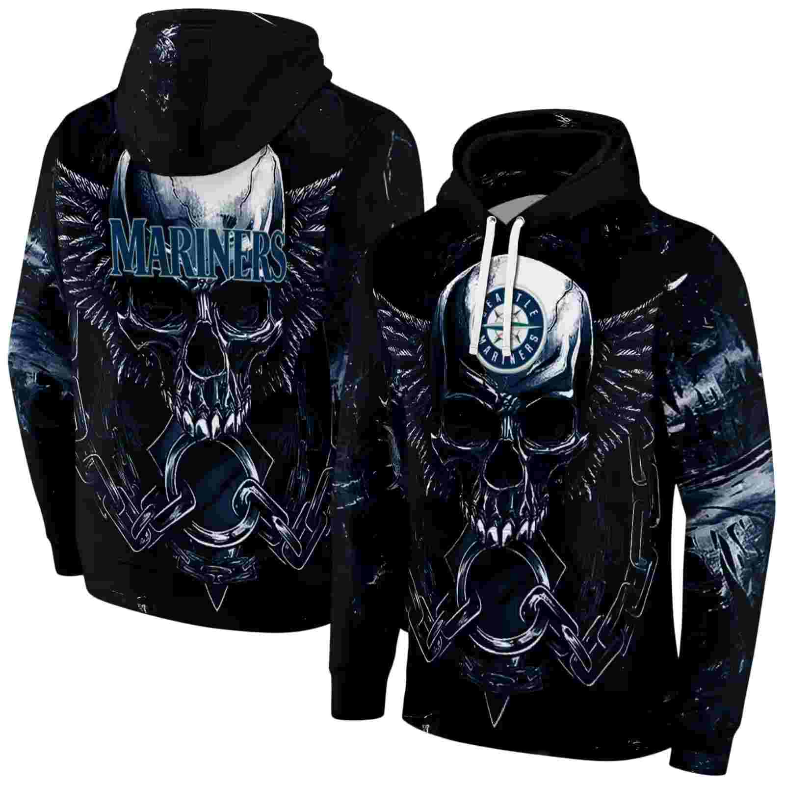 seattle mariners skull artwork navy blue black hoodie fashion forward