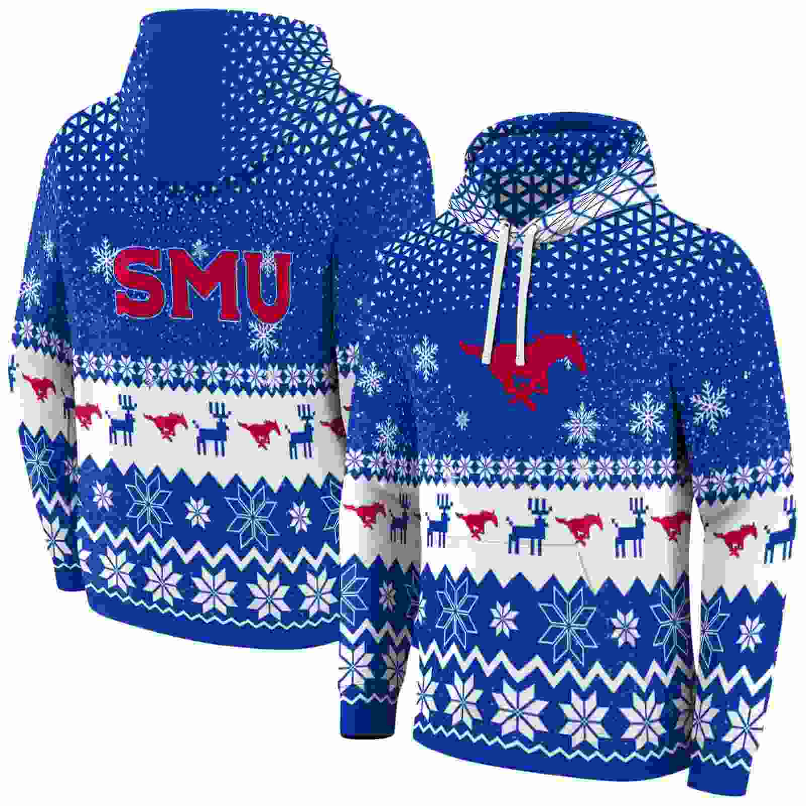 smu mustangs reindeer motif blue hoodie fashion forward