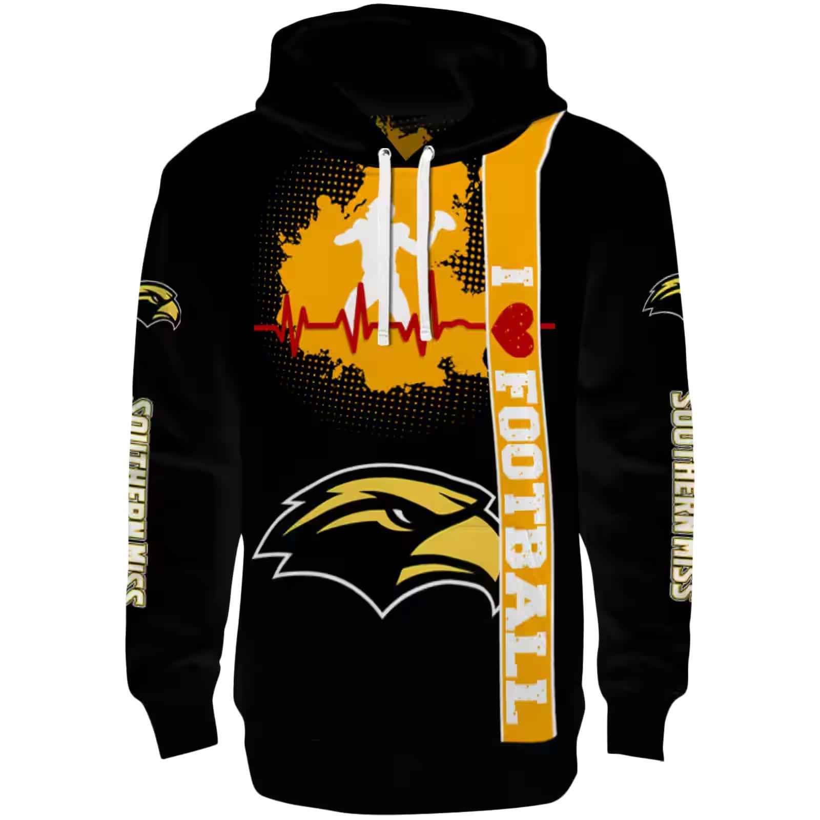 Southern Miss Golden Eagles Football Heartbeat Black Hoodie