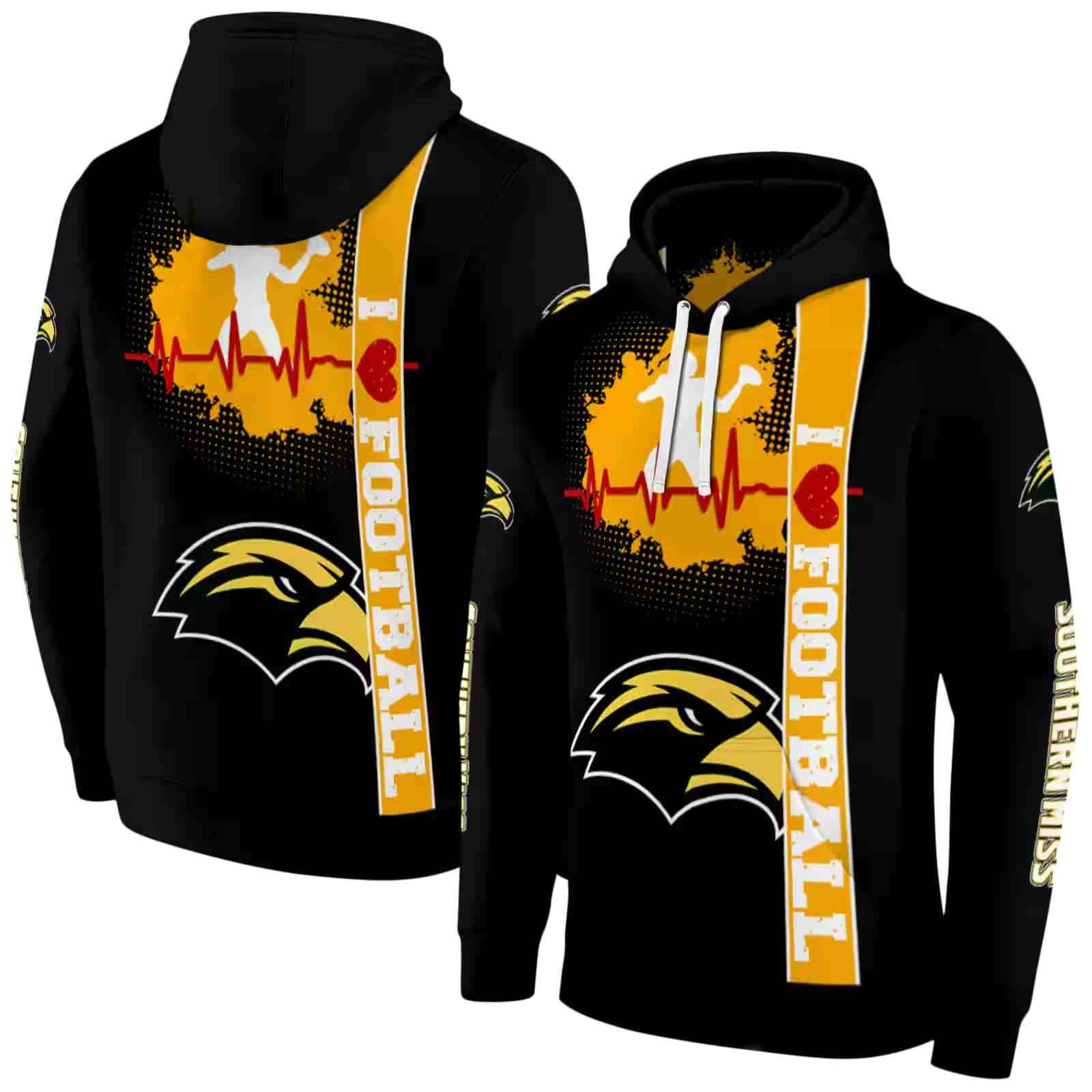 southern miss golden eagles football heartbeat black hoodie fashion forward