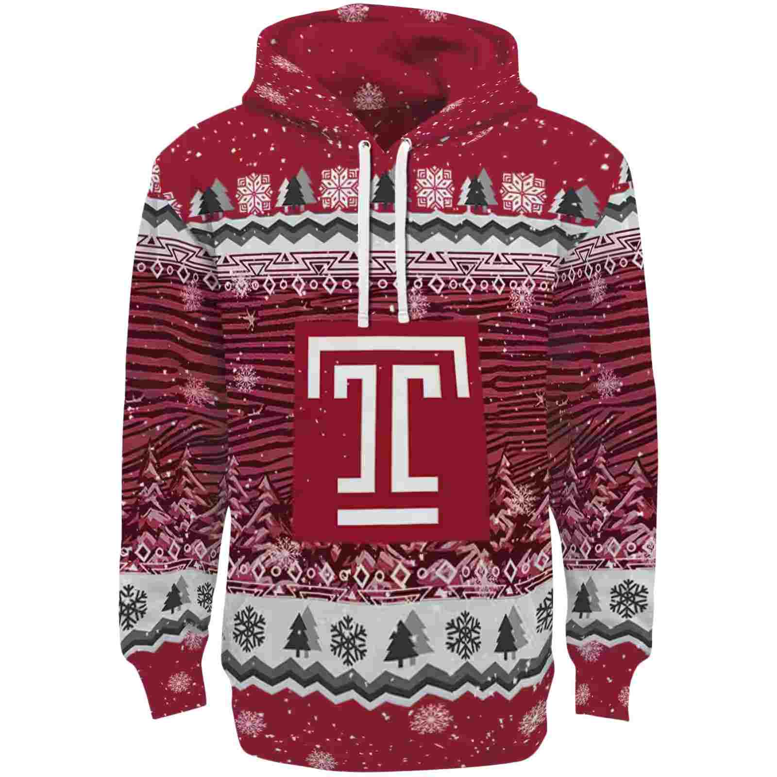 Temple Owls Christmas Trees Red Hoodie