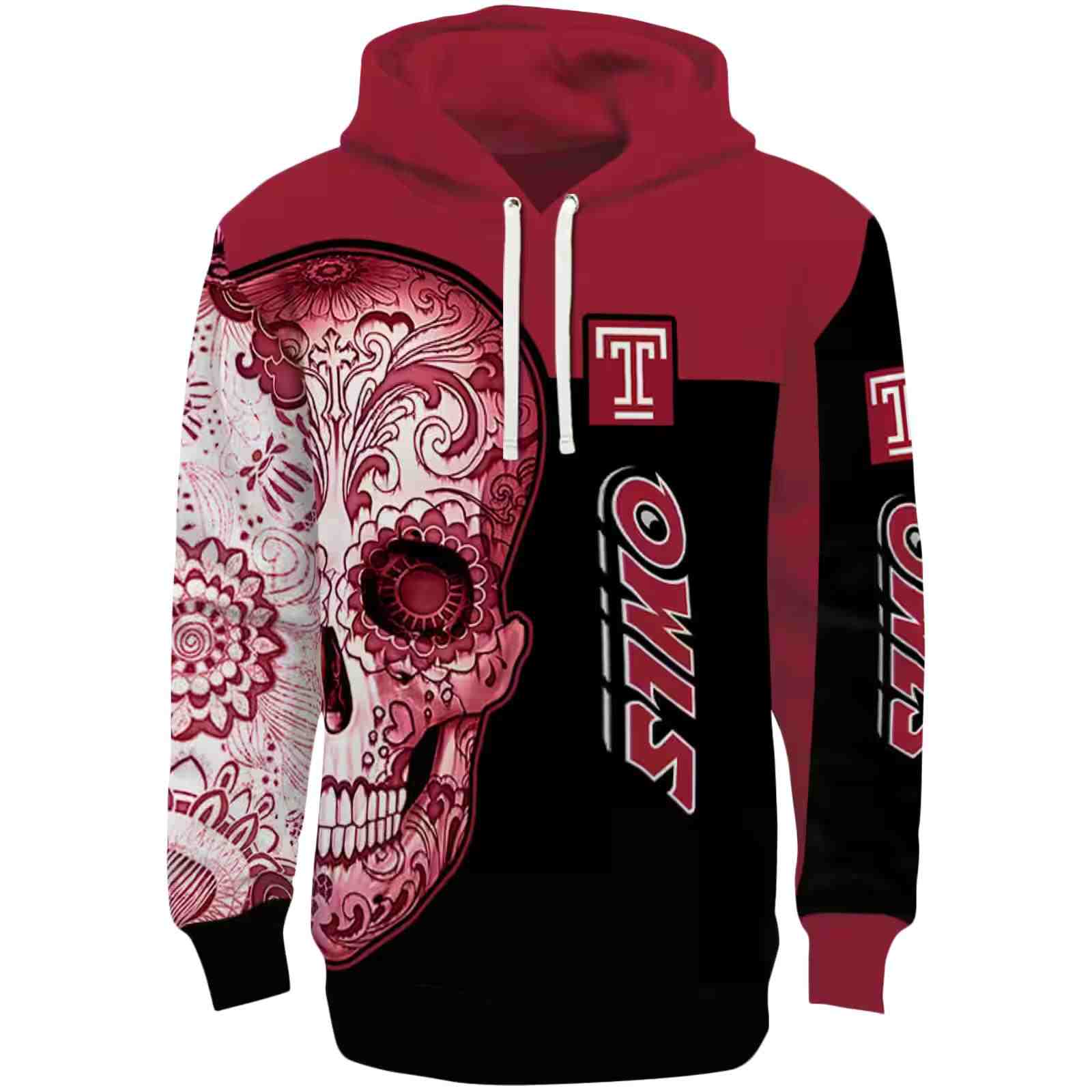 Temple Owls Sugar Skull Red Black Hoodie