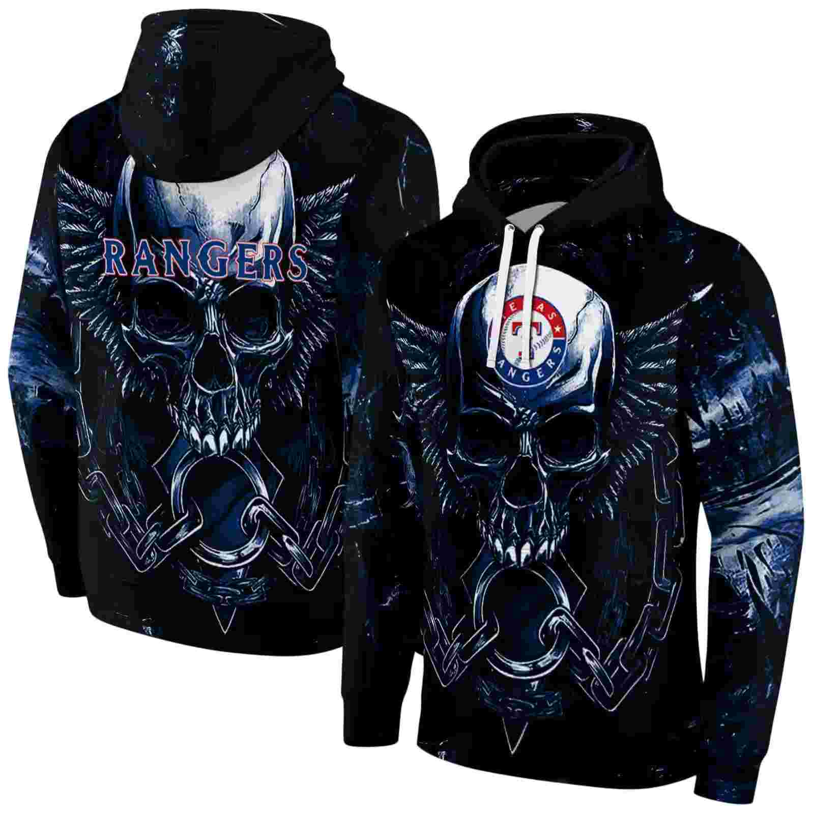 texas rangers skull artwork blue black hoodie fashion forward