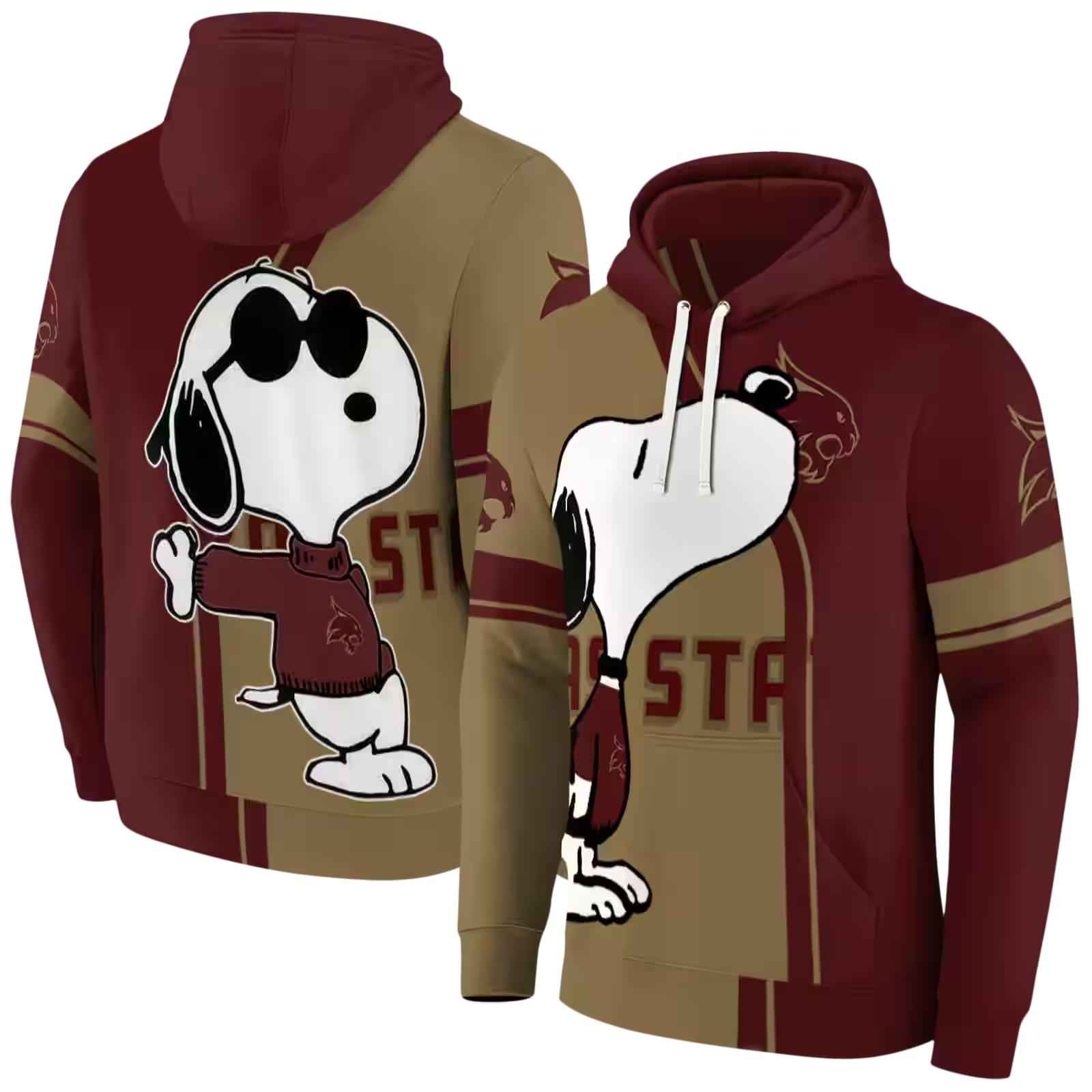 texas state bobcats playful snoopy maroon hoodie fashion forward