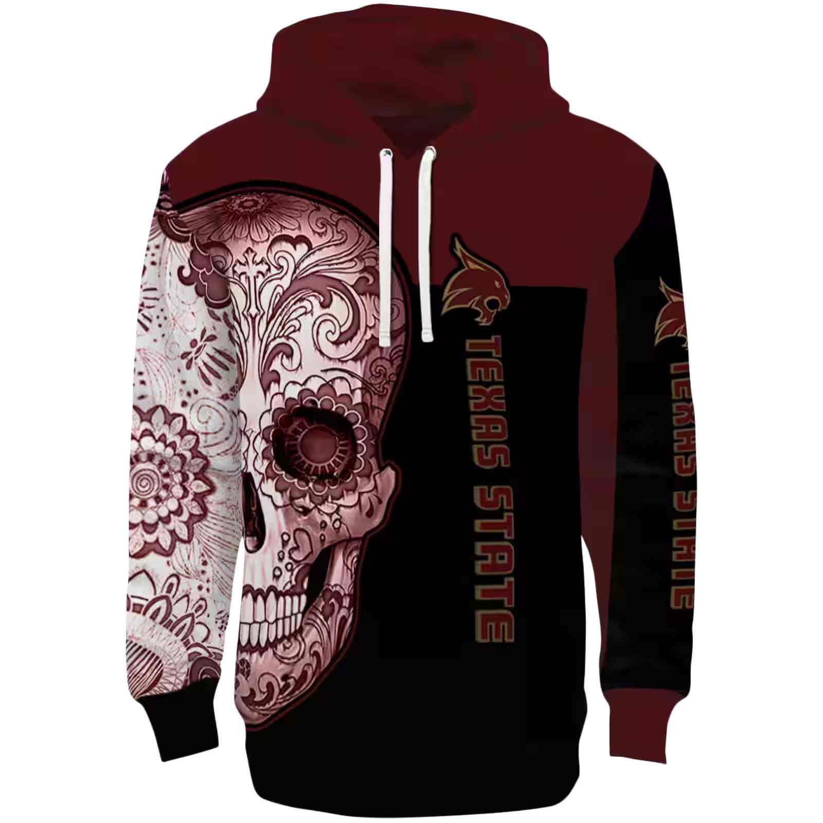 Texas State Bobcats Sugar Skull Maroon Black Hoodie