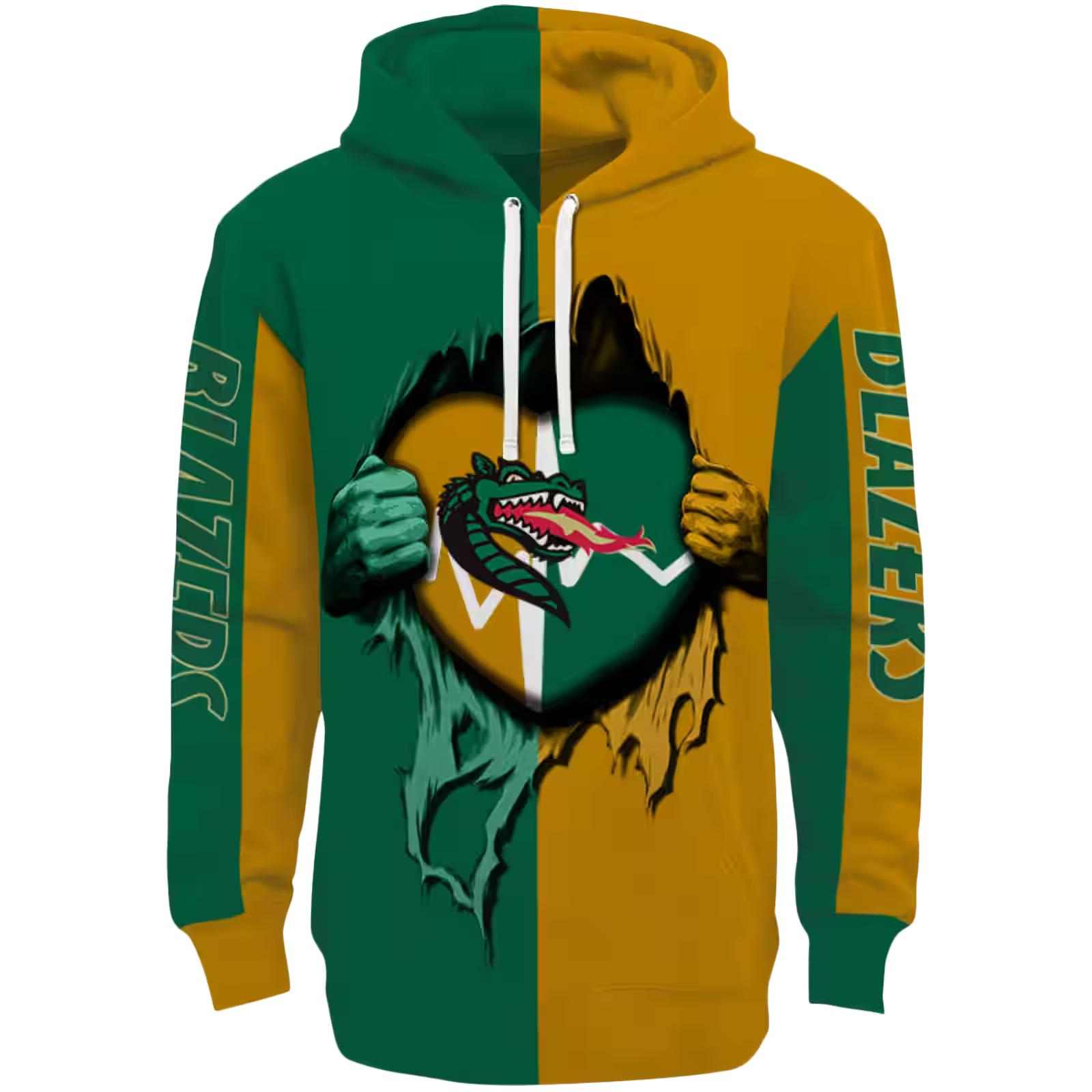 UAB Blazers Heartbeat Graphic Green Hoodie