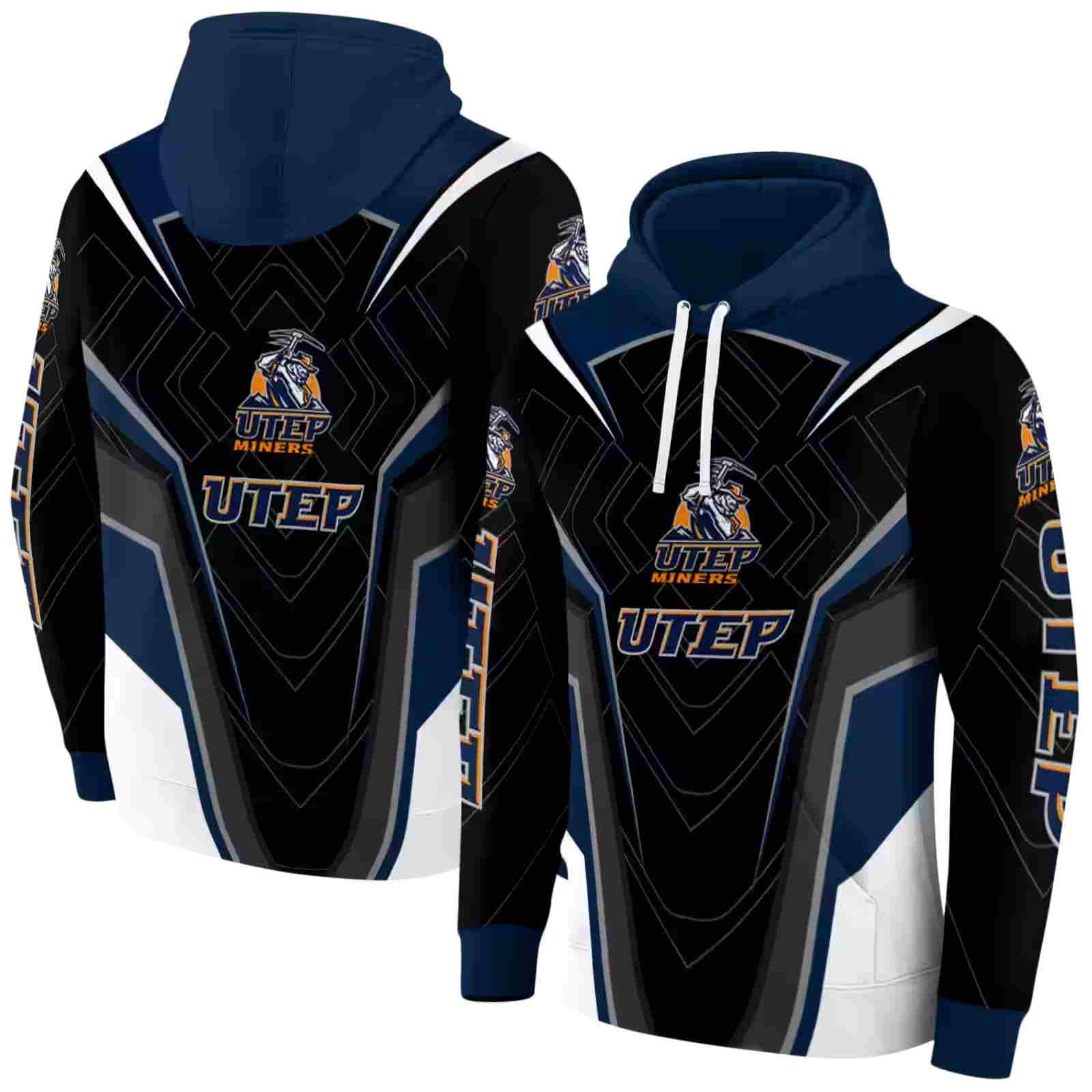 utep miners futuristic pattern blue black hoodie fashion forward