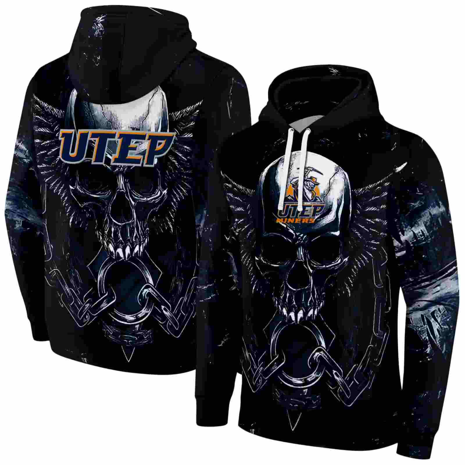 utep miners skull artwork blue black hoodie fashion forward