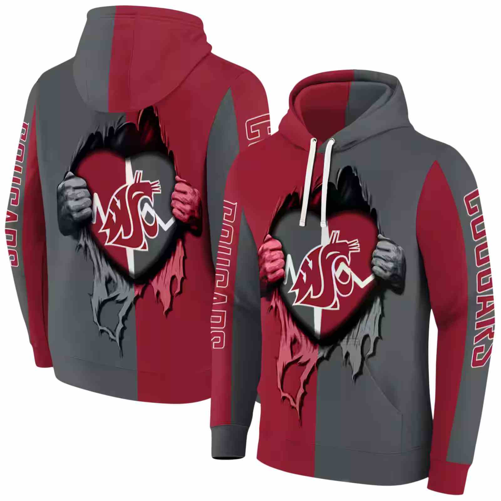 washington state cougars heartbeat graphic crimson hoodie fashion forward