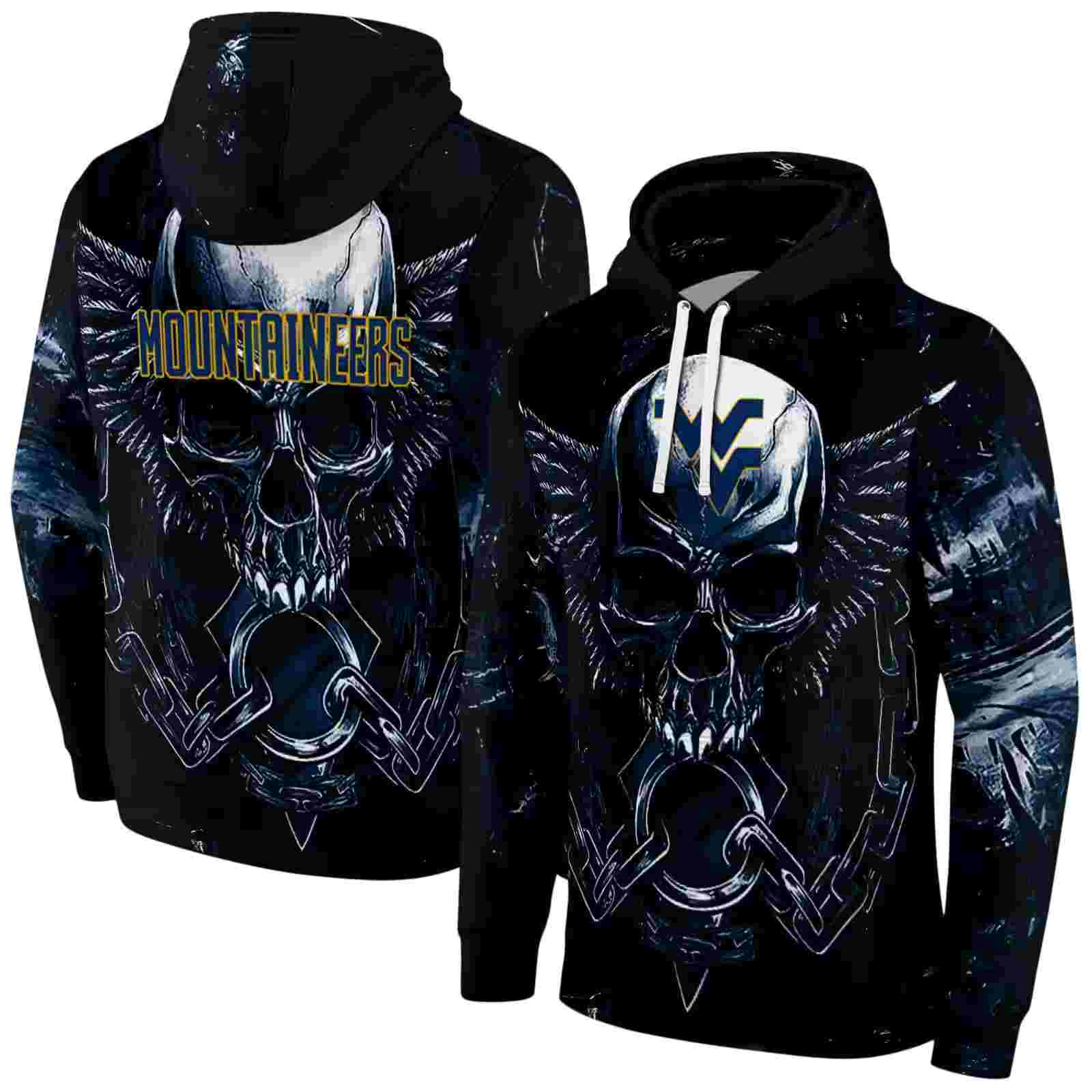 west virginia mountaineers skull artwork blue black hoodie fashion forward